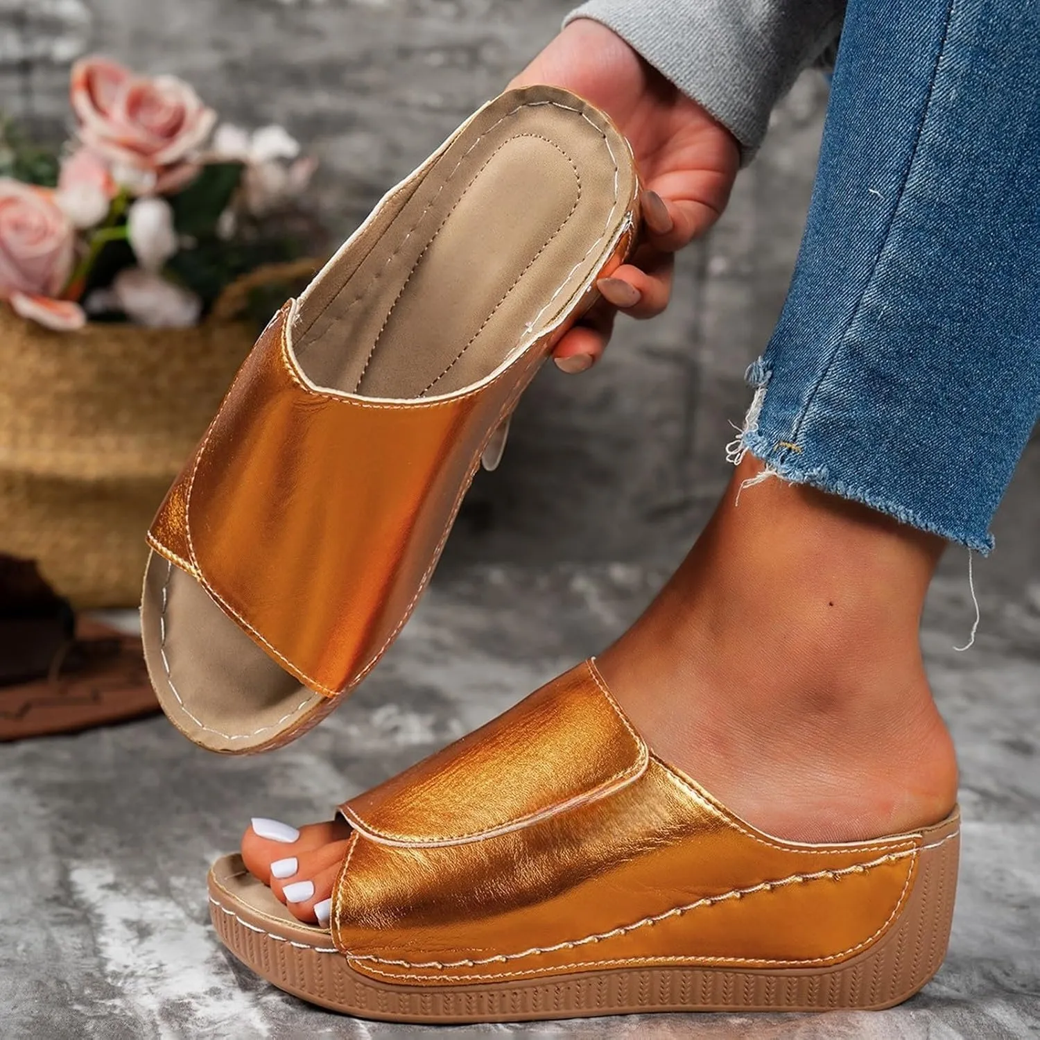 Wedge Sandals for Women 2025 Open Toe Slippers Wide Width Orthopedic Sandals Arch Support Lightweight Summer Shoes Orthotic Walking Sandal Comfortable Breathable Anti-Slip Slides Dressy Casual Shoes