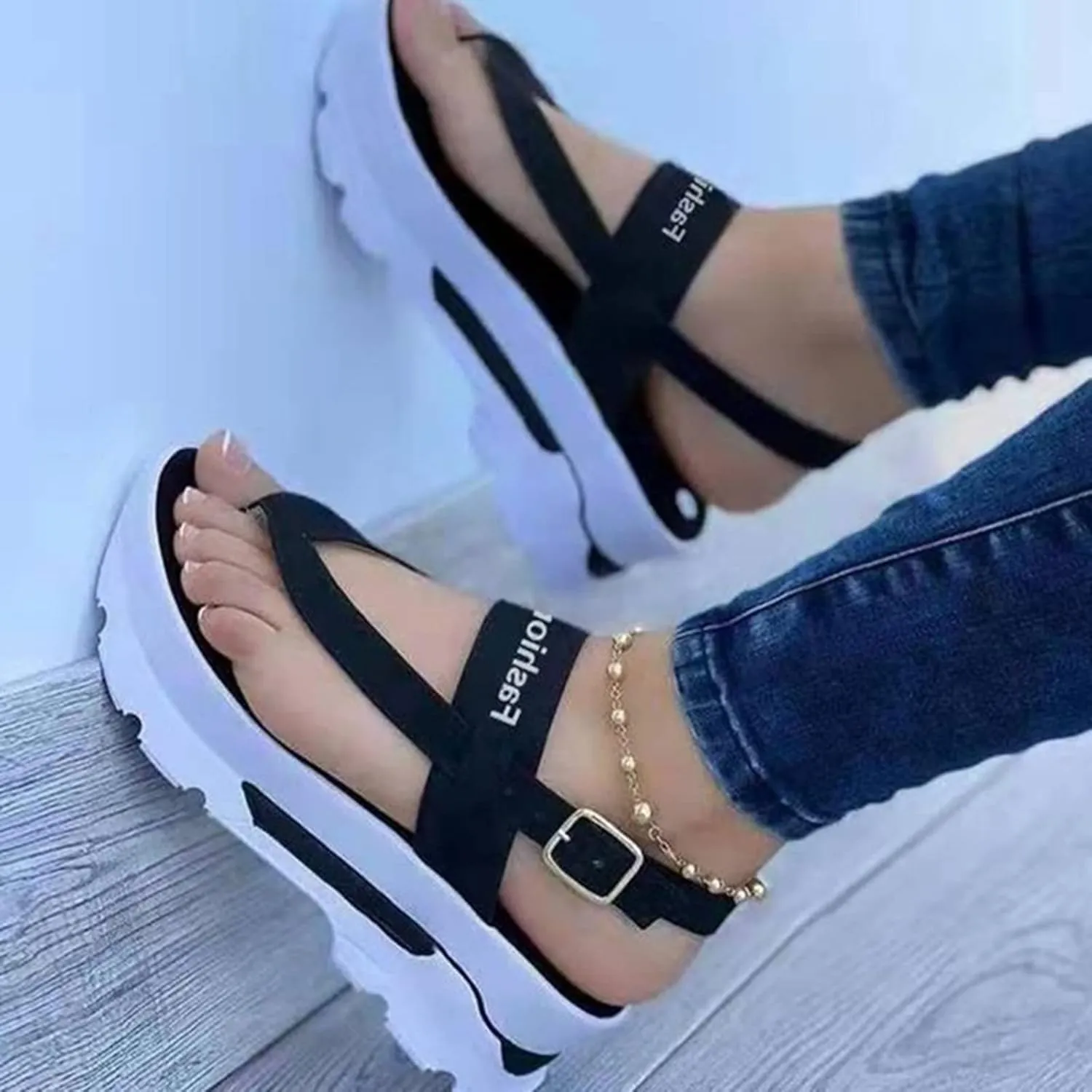 Wedge Sandals for Women Fashion Flip Flops Ankle Strap Sports Sandals Casual Open Toe Summer Platform Shoes Sandal Comfortable Thong Walking Shoes,Black,US5/EU36