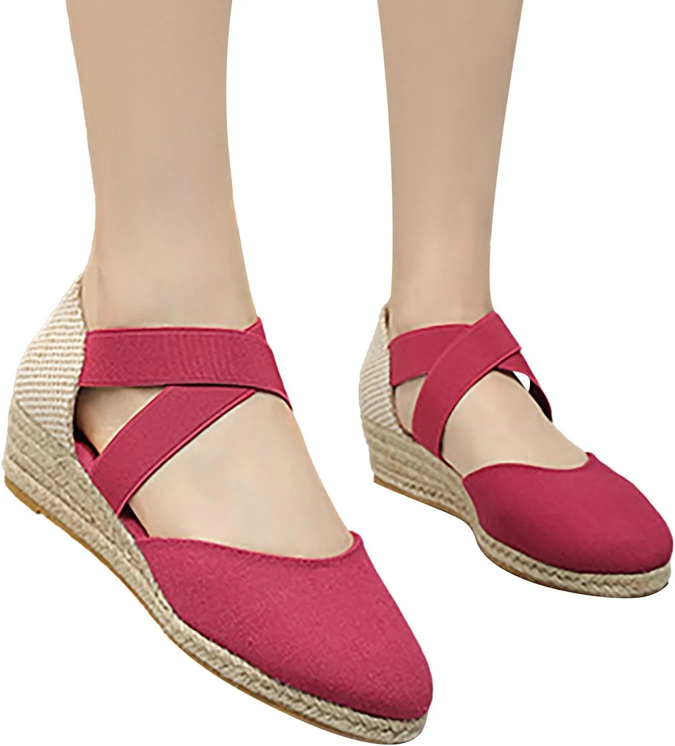 Wedge Sandals for Women Summer Casual Comfortable Closed Toe Crisscross Elastic Ankle Strap Platform Espadrille Wedge Sandals
