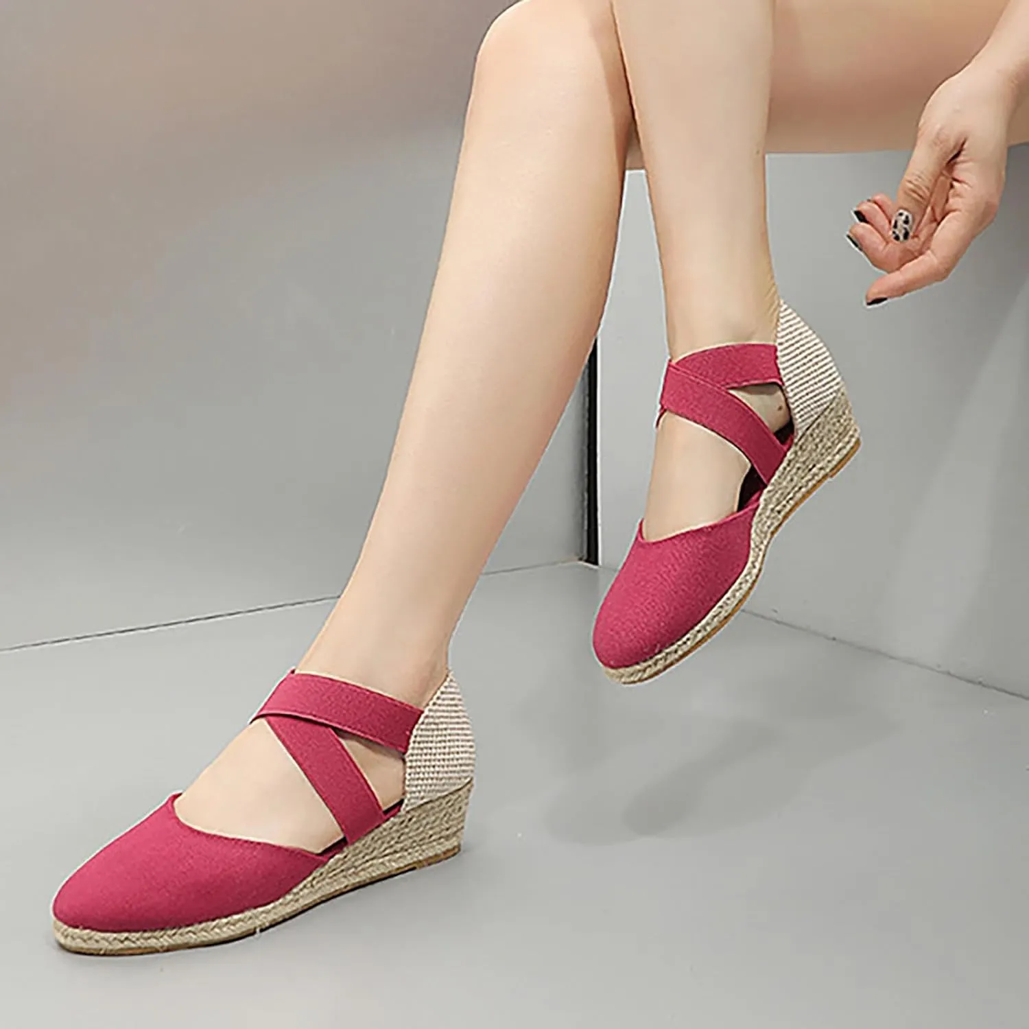 Wedge Sandals for Women Summer Casual Comfortable Closed Toe Crisscross Elastic Ankle Strap Platform Espadrille Wedge Sandals