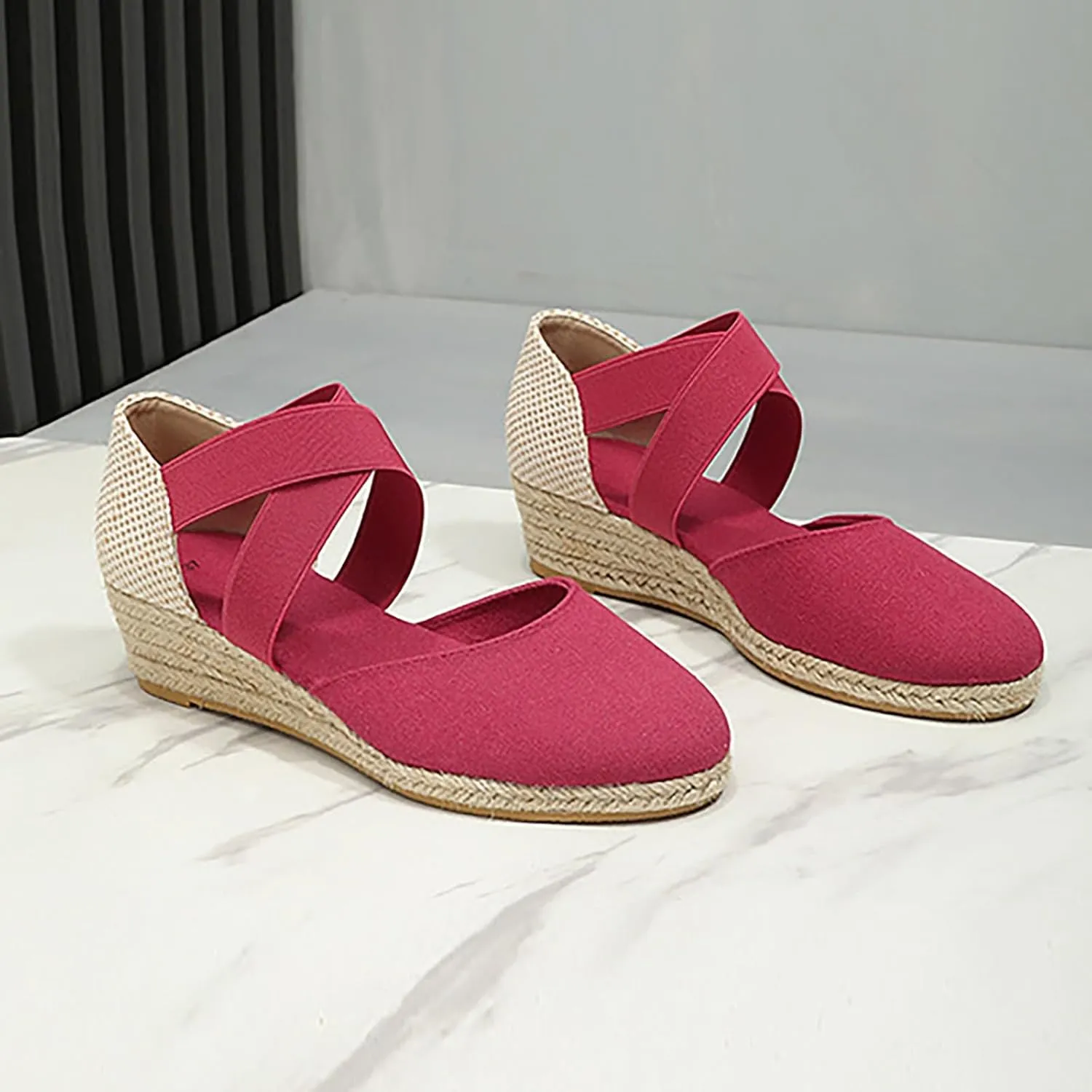 Wedge Sandals for Women Summer Casual Comfortable Closed Toe Crisscross Elastic Ankle Strap Platform Espadrille Wedge Sandals