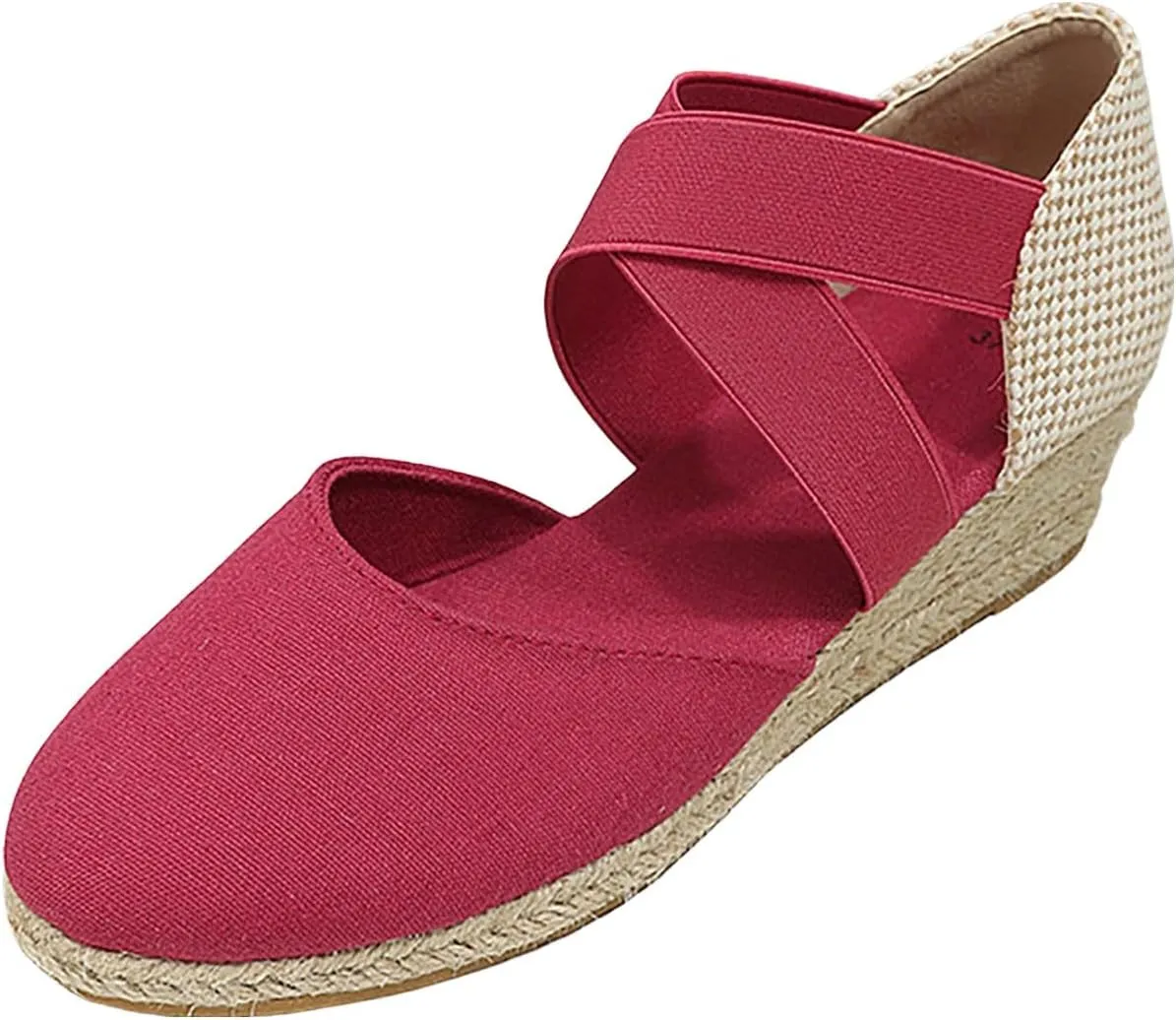 Wedge Sandals for Women Summer Casual Comfortable Closed Toe Crisscross Elastic Ankle Strap Platform Espadrille Wedge Sandals