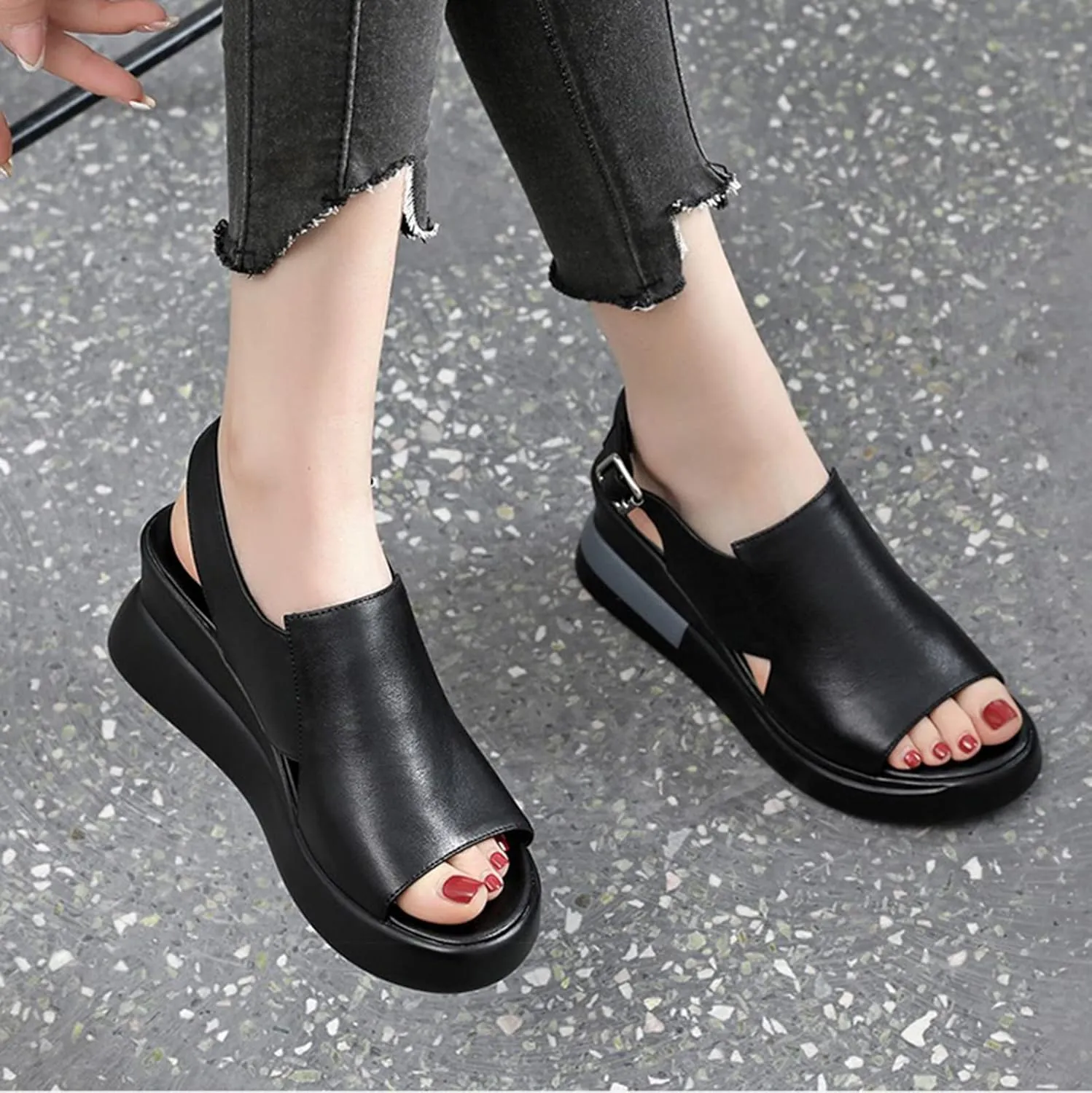 Wedge Sandals for Women Summer Casual Womens Open Toe Platform Sandals Fashion Leather Fish Mouth Sandals Buckle Ankle Strap Beach Shoes,Black,US8/EU39