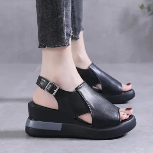Wedge Sandals for Women Summer Casual Womens Open Toe Platform Sandals Fashion Leather Fish Mouth Sandals Buckle Ankle Strap Beach Shoes,Black,US8/EU39