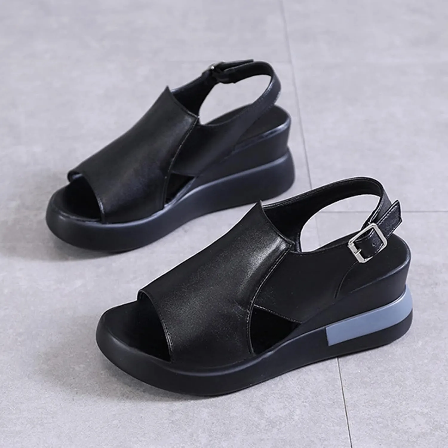 Wedge Sandals for Women Summer Casual Womens Open Toe Platform Sandals Fashion Leather Fish Mouth Sandals Buckle Ankle Strap Beach Shoes,Black,US8/EU39