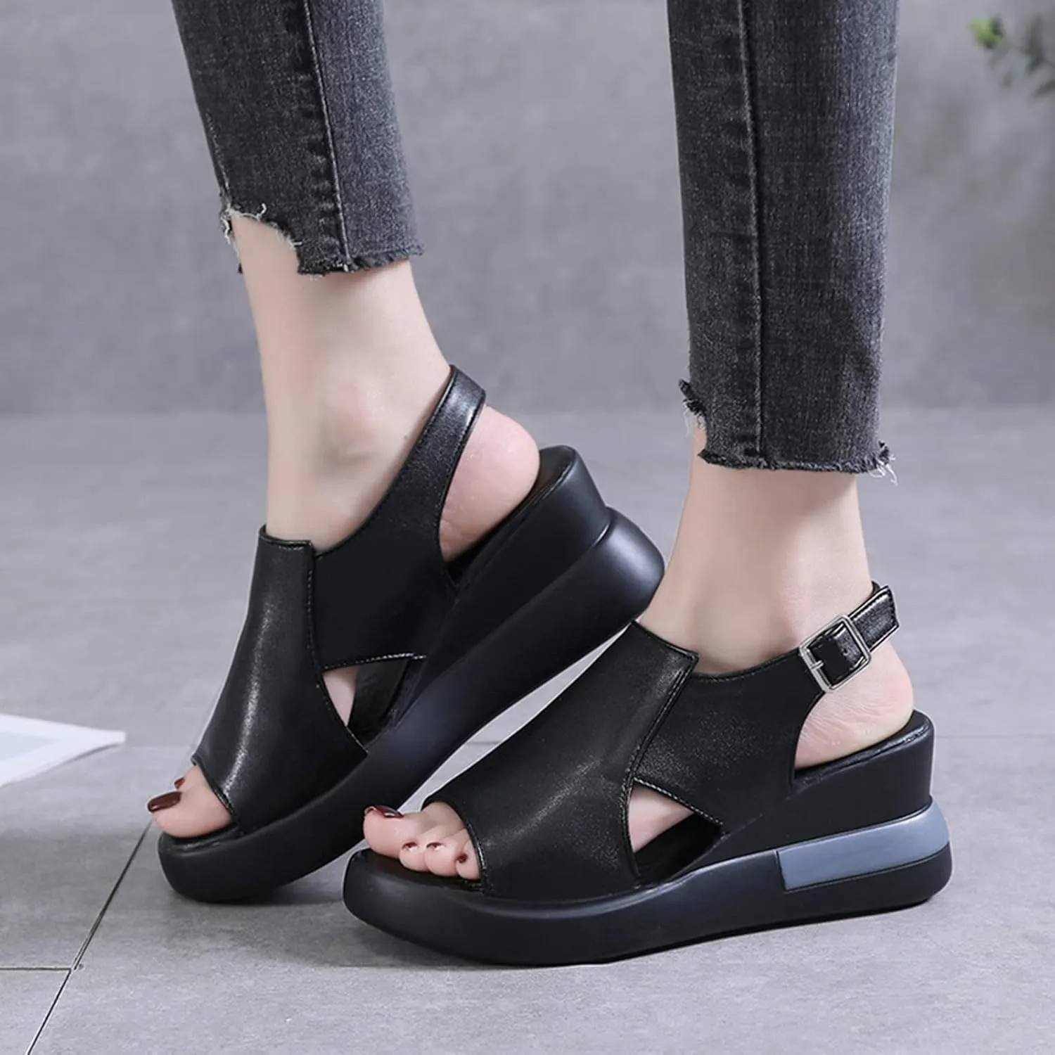 Wedge Sandals for Women Summer Casual Womens Open Toe Platform Sandals Fashion Leather Fish Mouth Sandals Buckle Ankle Strap Beach Shoes,Black,US8/EU39