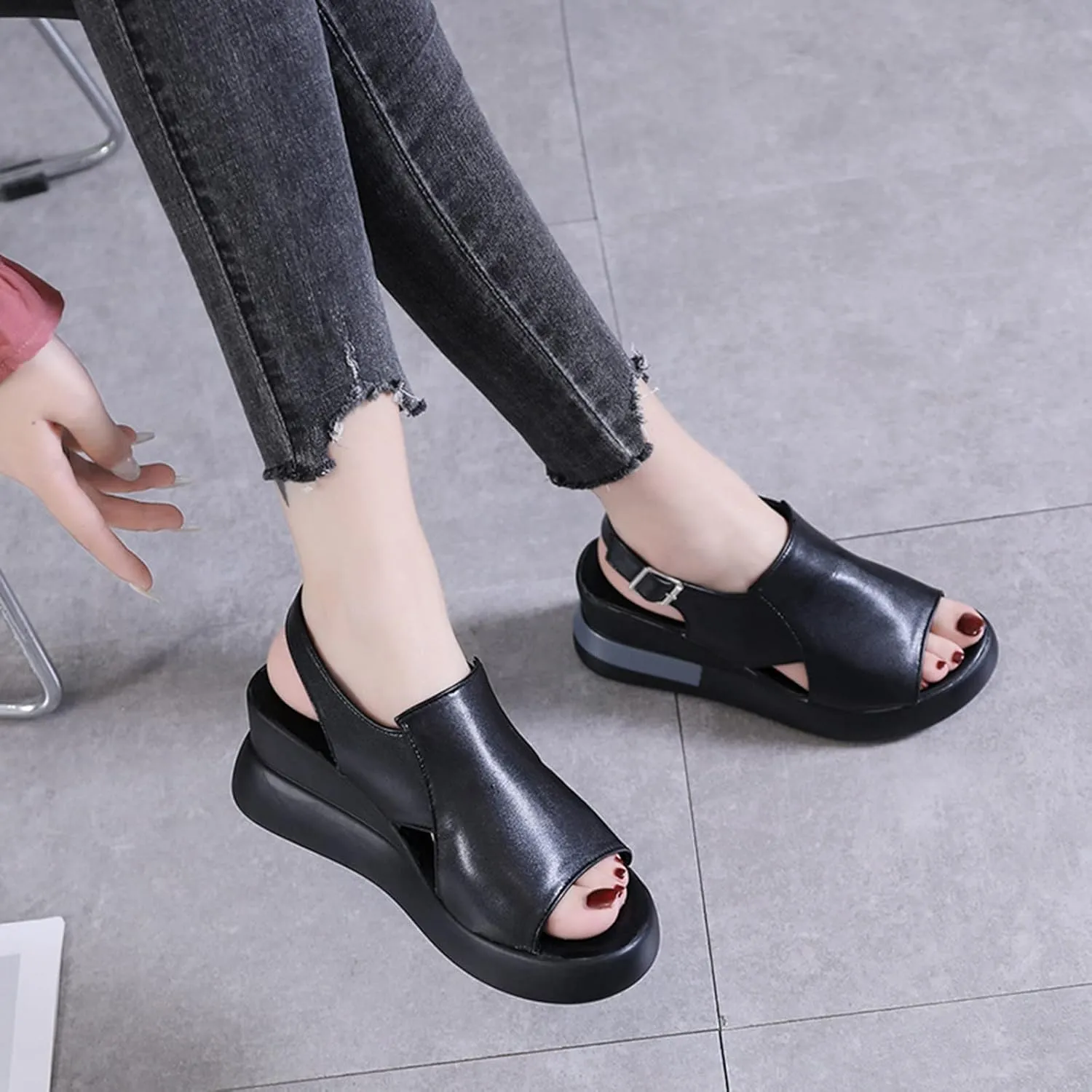 Wedge Sandals for Women Summer Casual Womens Open Toe Platform Sandals Fashion Leather Fish Mouth Sandals Buckle Ankle Strap Beach Shoes,Black,US8/EU39