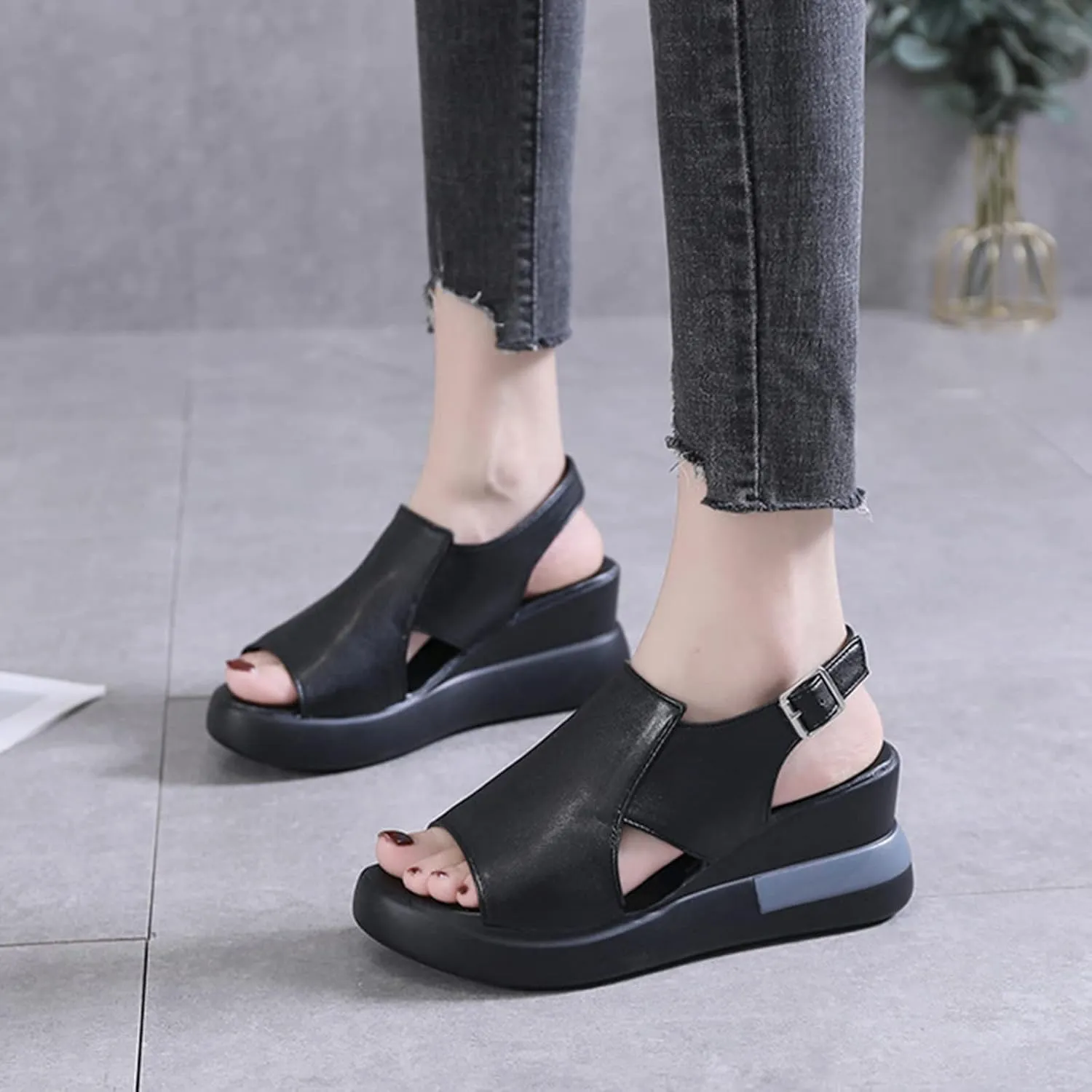 Wedge Sandals for Women Summer Casual Womens Open Toe Platform Sandals Fashion Leather Fish Mouth Sandals Buckle Ankle Strap Beach Shoes,Black,US8/EU39