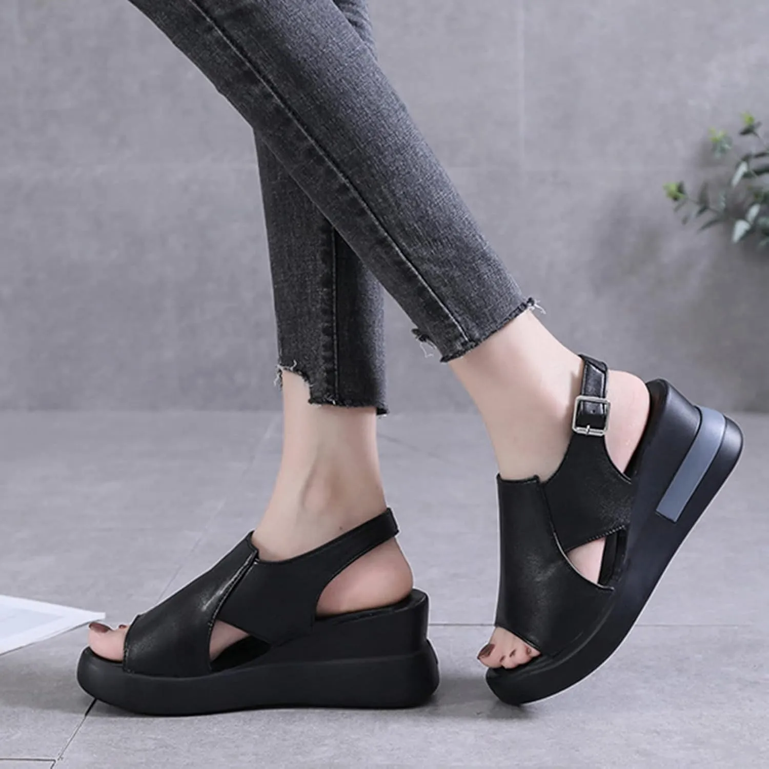 Wedge Sandals for Women Summer Casual Womens Open Toe Platform Sandals Fashion Leather Fish Mouth Sandals Buckle Ankle Strap Beach Shoes,Black,US8/EU39