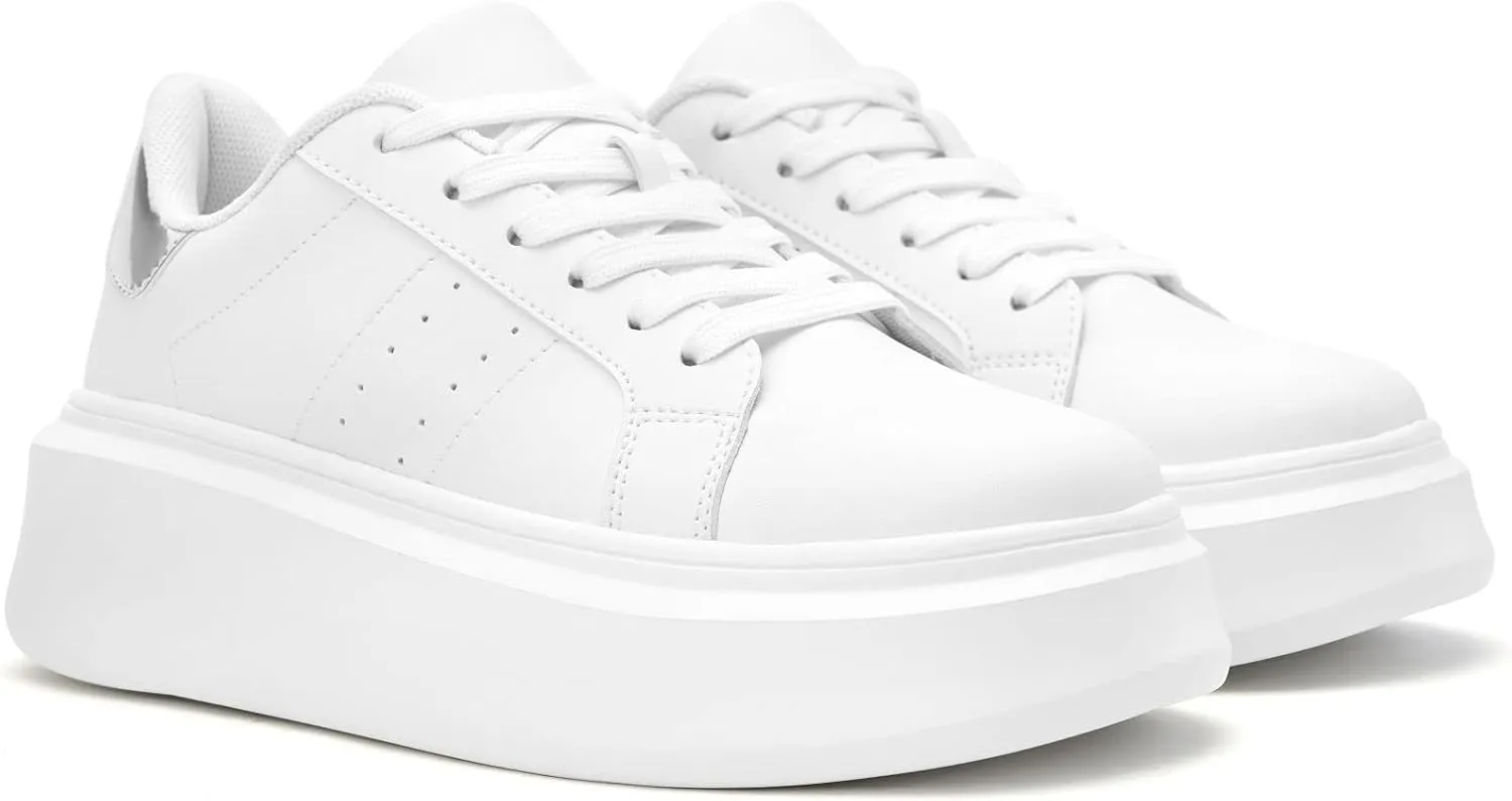 White Platform Sneakers for Women - Ultra Lightweight Classic Leather Walking Tennis Shoes Comfortable Lace Up Fashion Casual Shoes for Indoor Outdoor Travel Work