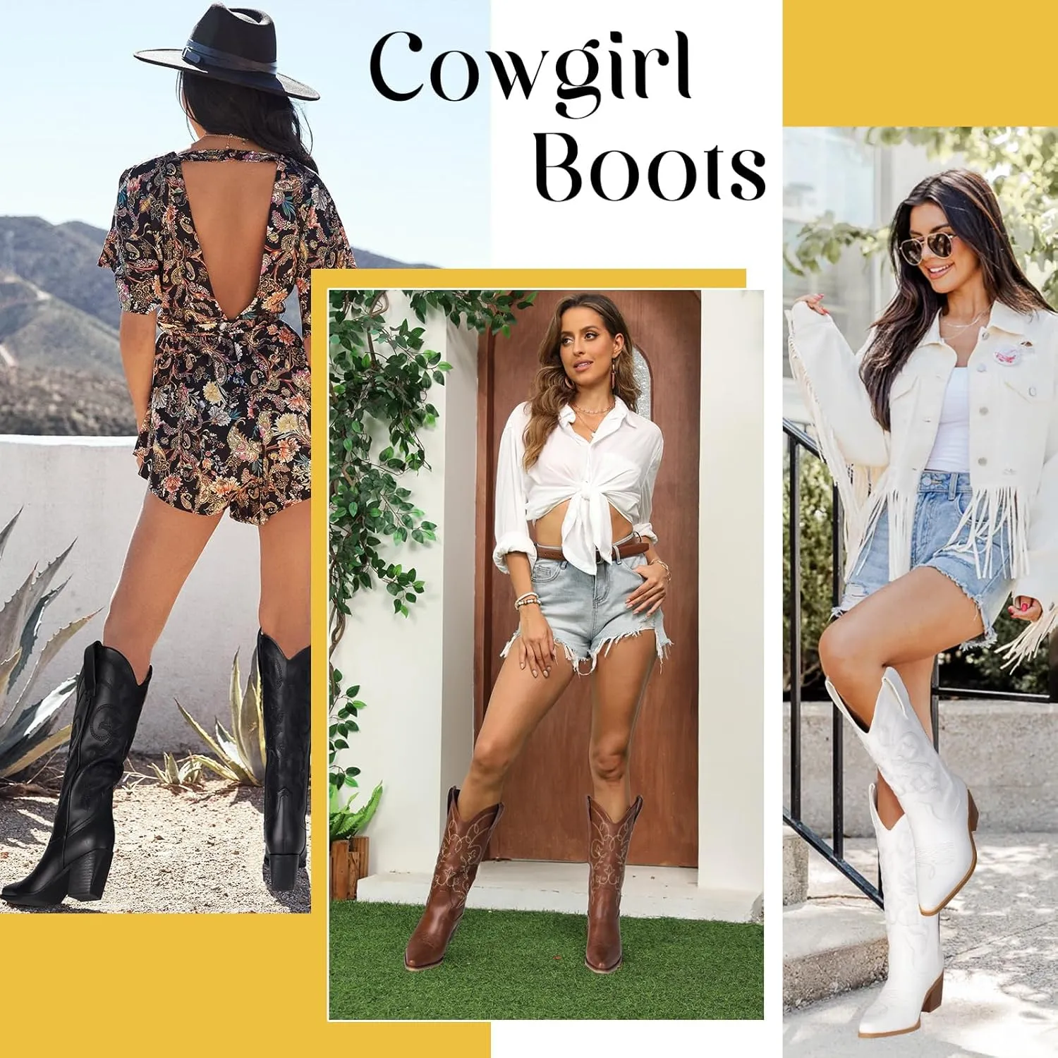 Wide Calf Cowboy Boots for Women Embroidered Cowgirl Boots Mid Calf Women's Western Cowboy Boots Fashion Pointy Toe Cowgirl Boots Pull on