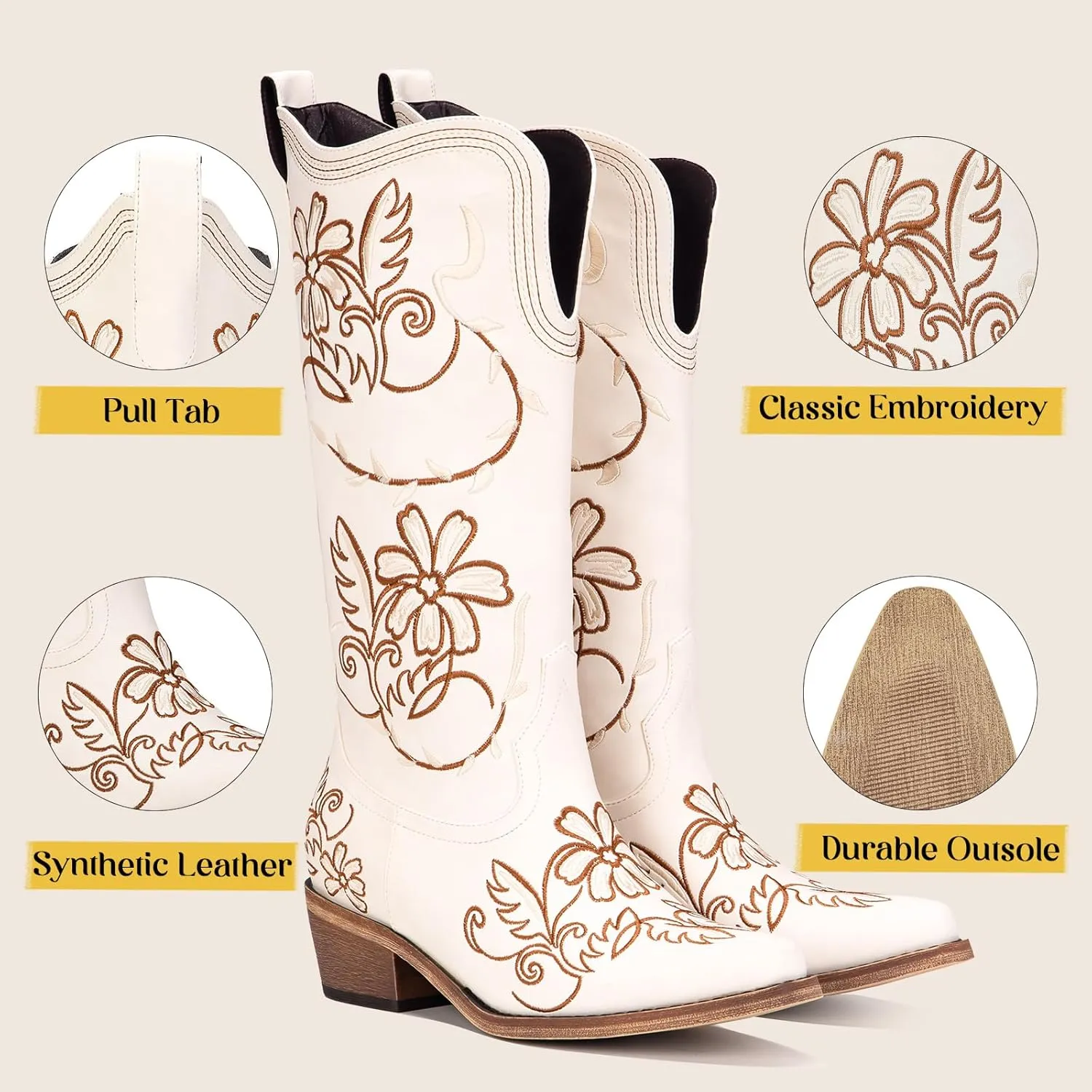 Wide Calf Cowboy Boots for Women Embroidered Cowgirl Boots Mid Calf Women's Western Cowboy Boots Fashion Pointy Toe Cowgirl Boots Pull on