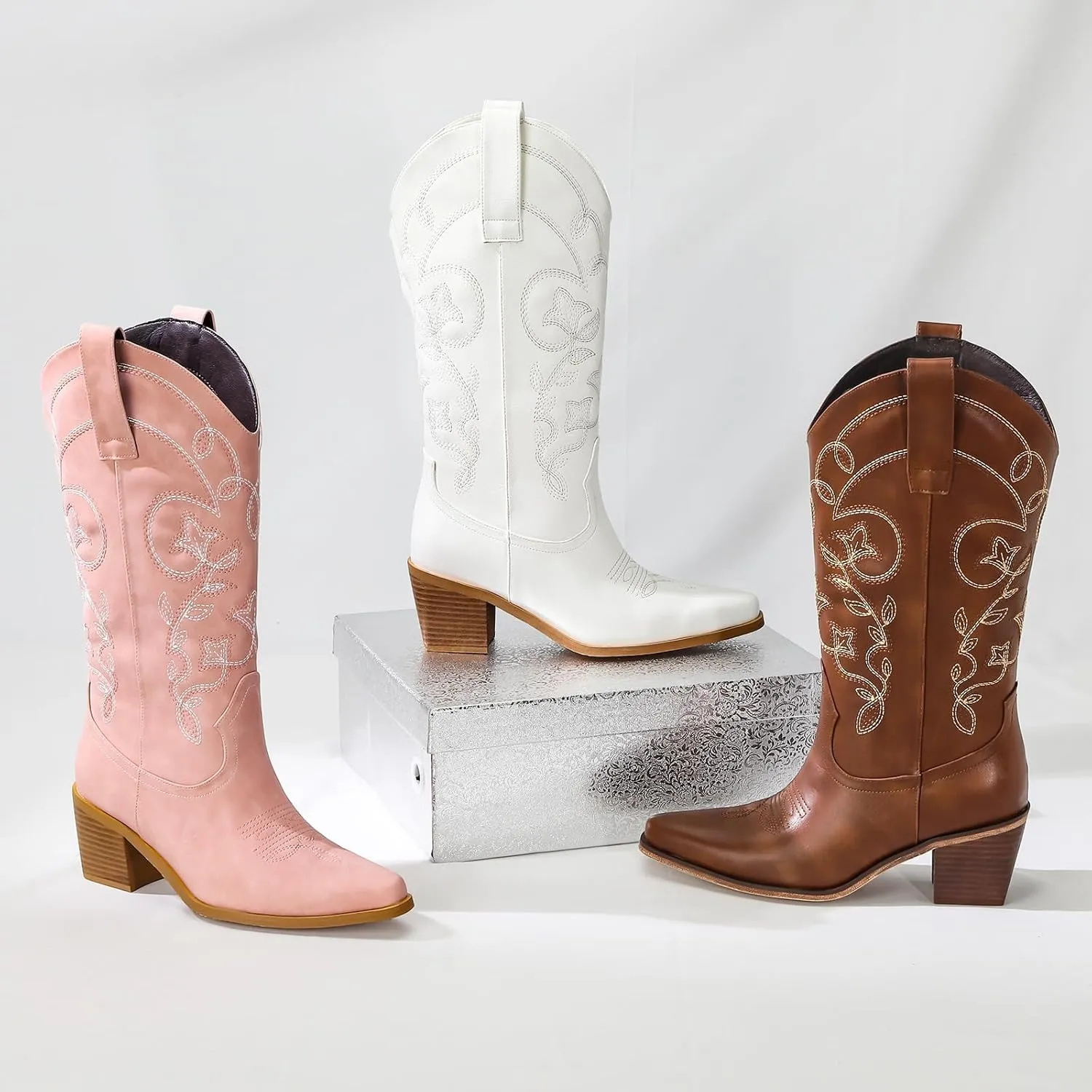 Wide Calf Cowboy Boots for Women Embroidered Cowgirl Boots Mid Calf Women's Western Cowboy Boots Fashion Pointy Toe Cowgirl Boots Pull on