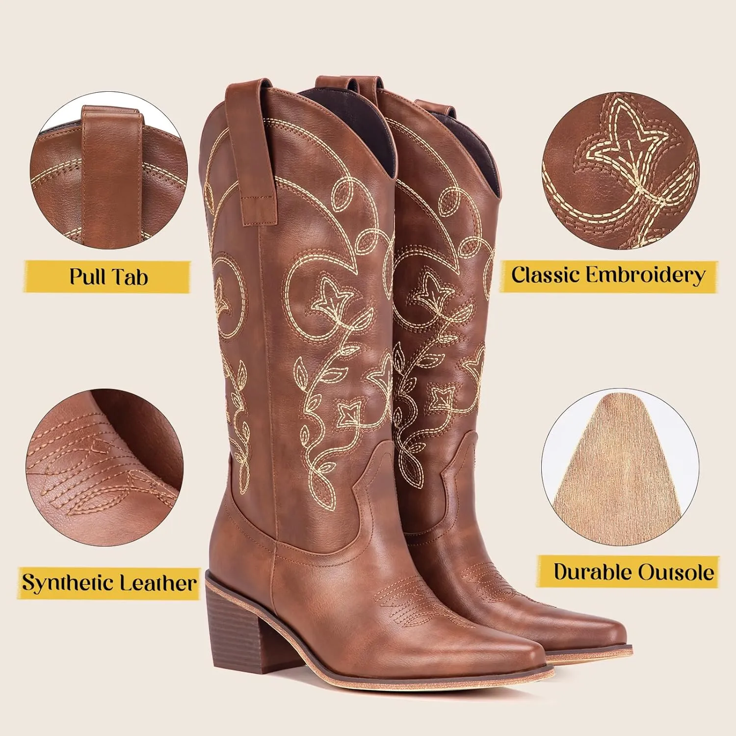 Wide Calf Cowboy Boots for Women Embroidered Cowgirl Boots Mid Calf Women's Western Cowboy Boots Fashion Pointy Toe Cowgirl Boots Pull on