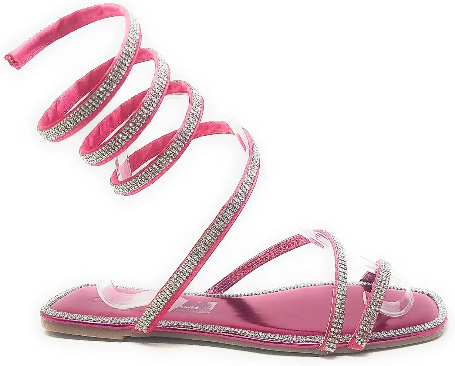 Wild Diva Women's Flat Coil Spiral Strappy Leg Wrap Rhinestone Embellished Square Toe Flat Sandals Dizzy-05