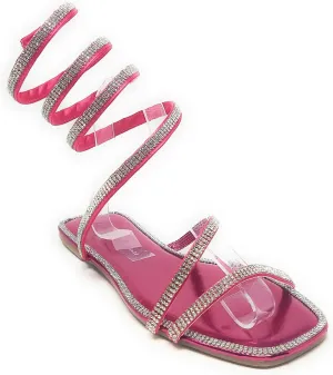 Wild Diva Women's Flat Coil Spiral Strappy Leg Wrap Rhinestone Embellished Square Toe Flat Sandals Dizzy-05
