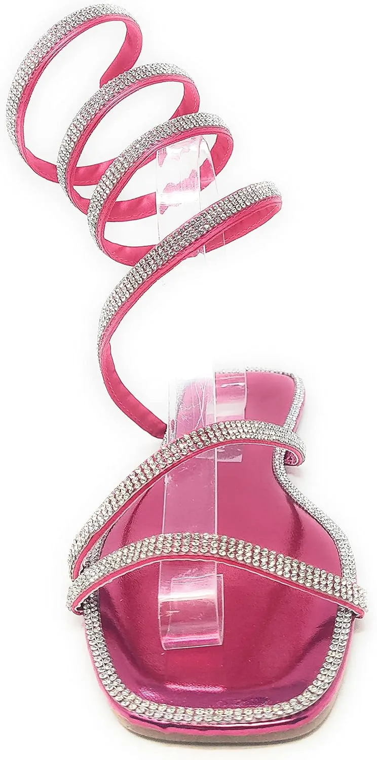 Wild Diva Women's Flat Coil Spiral Strappy Leg Wrap Rhinestone Embellished Square Toe Flat Sandals Dizzy-05