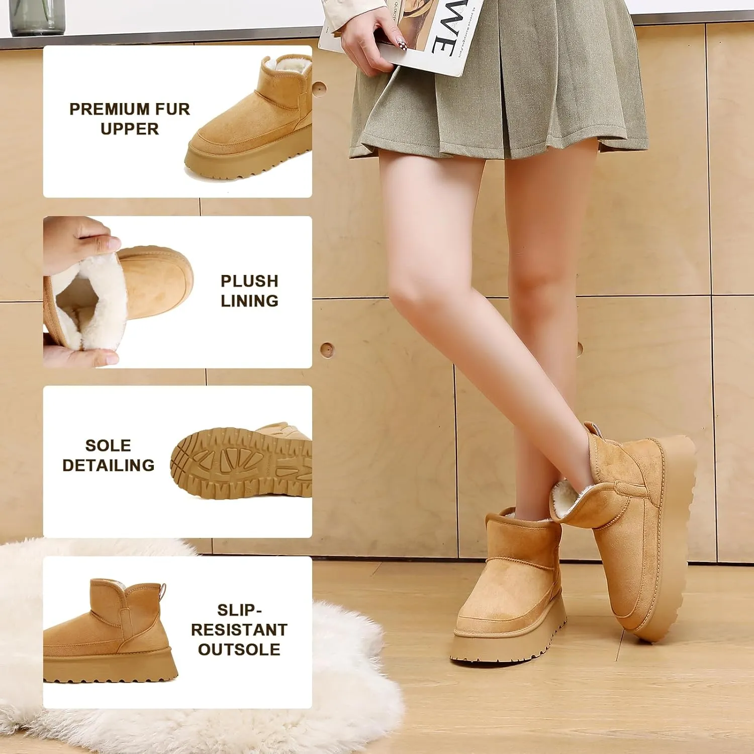 Winter Boots for Women, Lightweight Platform Boots Fashion Ankle Boots for Women,Classic Suede Fur Leather Snow Boots with Comfort Insole Waterproof Stylish Fall Boots