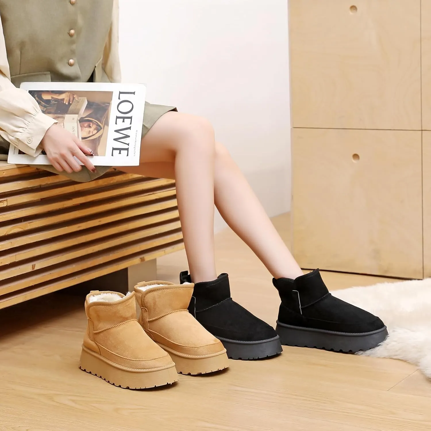 Winter Boots for Women, Lightweight Platform Boots Fashion Ankle Boots for Women,Classic Suede Fur Leather Snow Boots with Comfort Insole Waterproof Stylish Fall Boots