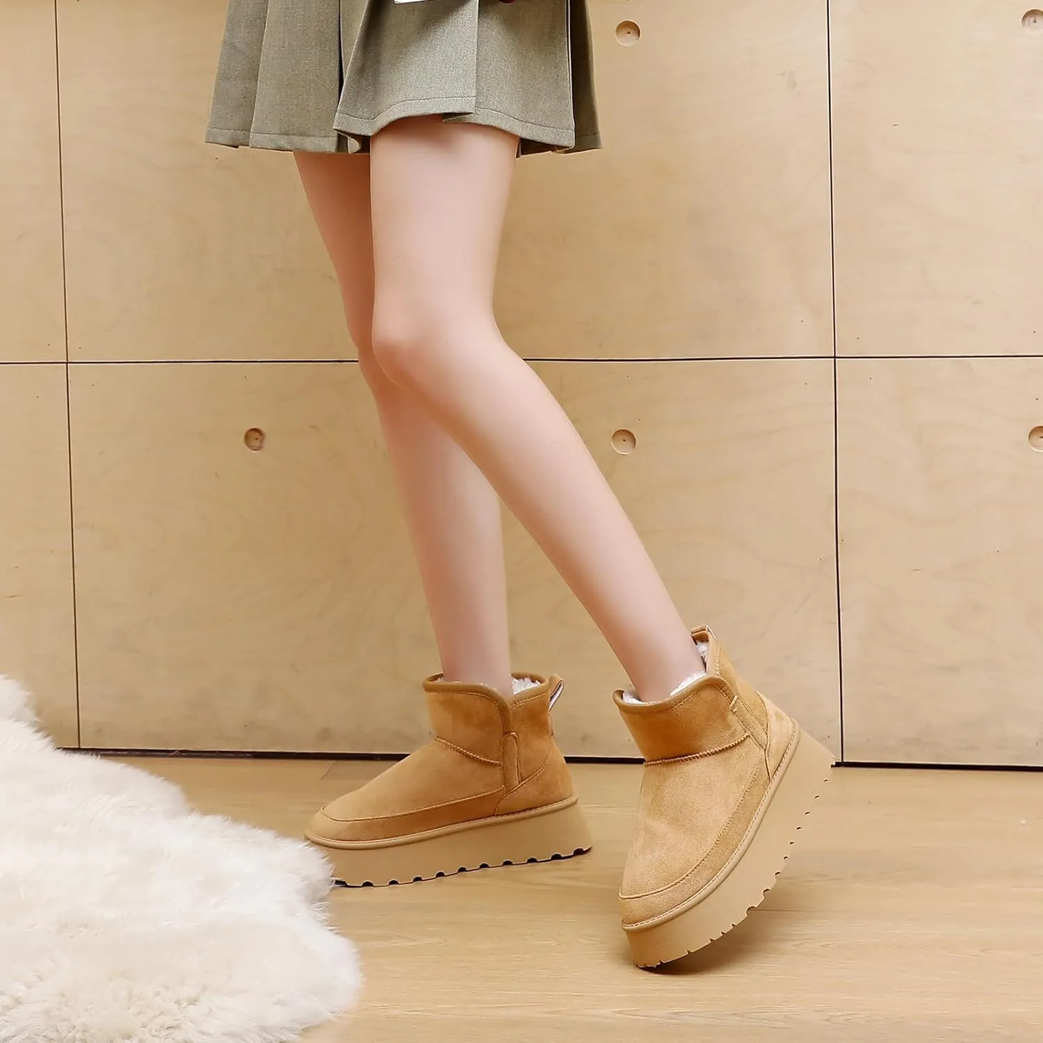 Winter Boots for Women, Lightweight Platform Boots Fashion Ankle Boots for Women,Classic Suede Fur Leather Snow Boots with Comfort Insole Waterproof Stylish Fall Boots
