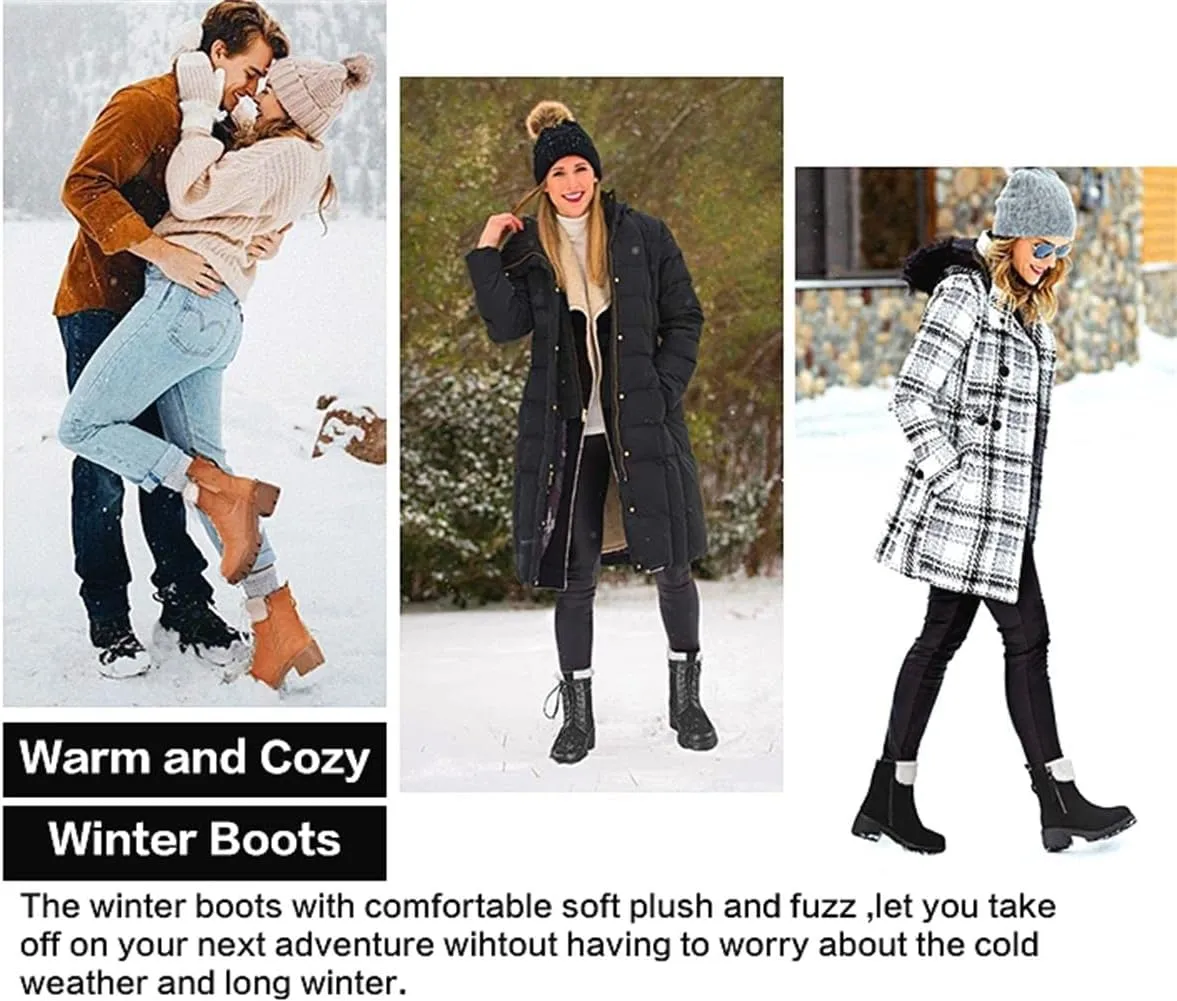 Winter Snow Boots for Women Warm Suede Chunky Block Heel Lace Up Faux Fur Outdoor Mid-Calf Ankle Booties