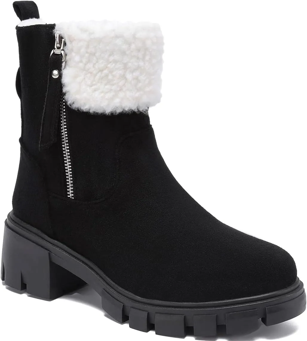 Winter Snow Boots for Women Warm Suede Chunky Block Heel Lace Up Faux Fur Outdoor Mid-Calf Ankle Booties
