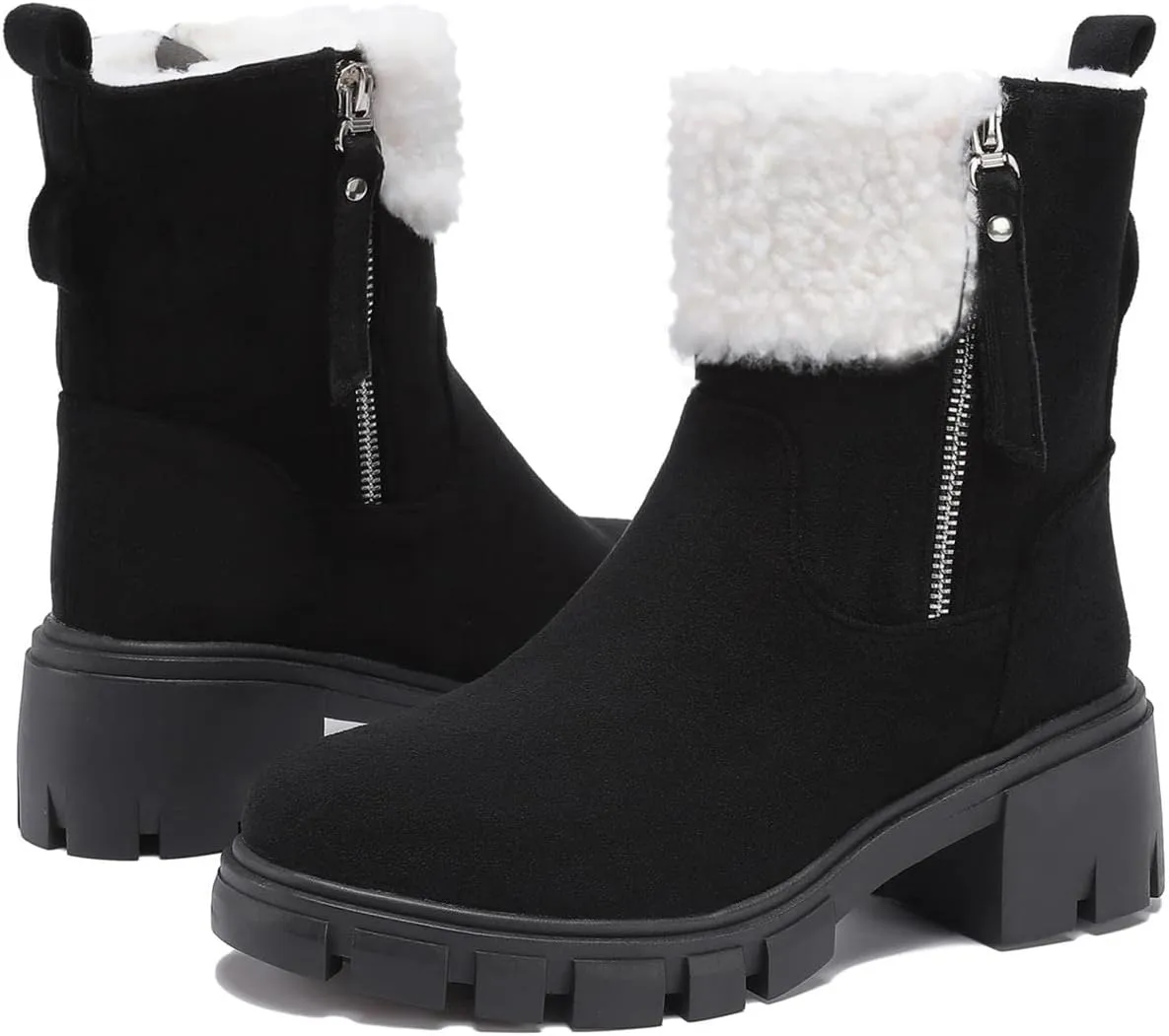 Winter Snow Boots for Women Warm Suede Chunky Block Heel Lace Up Faux Fur Outdoor Mid-Calf Ankle Booties