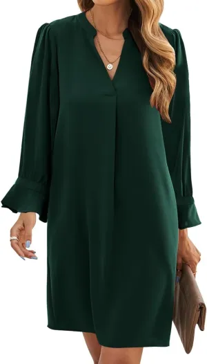 Wkior Long Sleeve Dress for Women V Neck Casual Cute Loose Flowy Swing Shift Dresses(S-2XL)