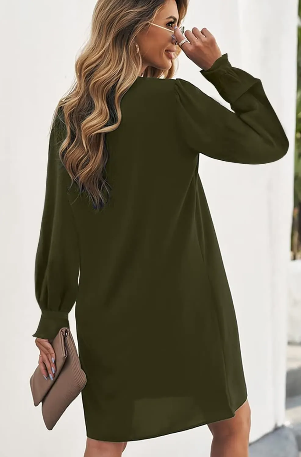 Wkior Long Sleeve Dress for Women V Neck Casual Cute Loose Flowy Swing Shift Dresses(S-2XL)