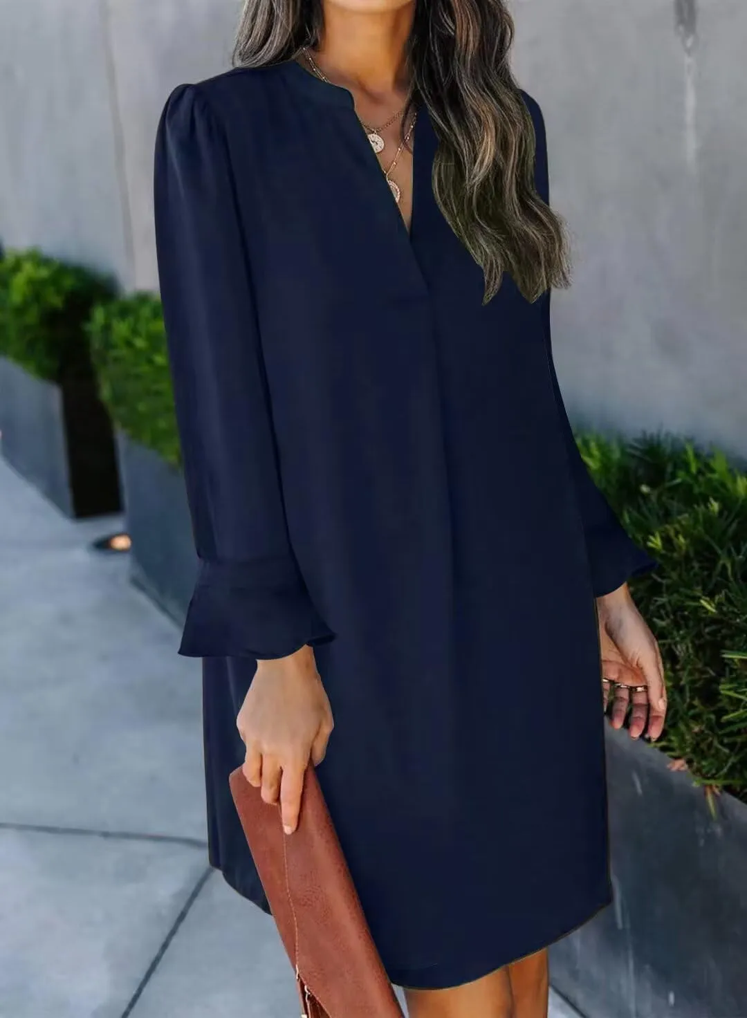 Wkior Long Sleeve Dress for Women V Neck Casual Cute Loose Flowy Swing Shift Dresses(S-2XL)