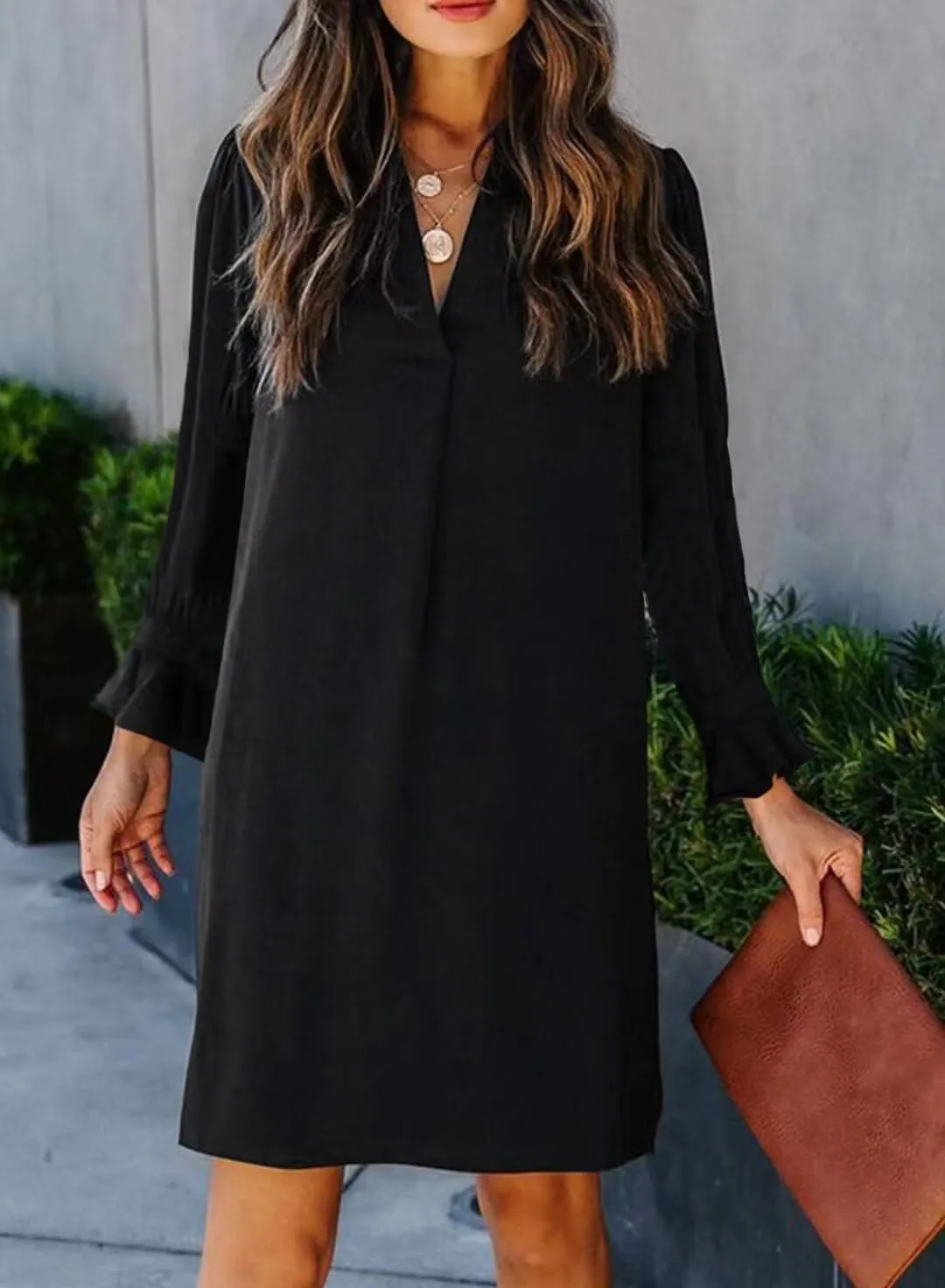 Wkior Long Sleeve Dress for Women V Neck Casual Cute Loose Flowy Swing Shift Dresses(S-2XL)
