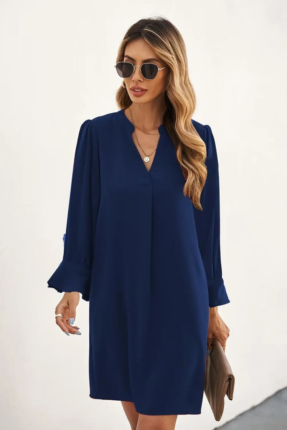 Wkior Long Sleeve Dress for Women V Neck Casual Cute Loose Flowy Swing Shift Dresses(S-2XL)