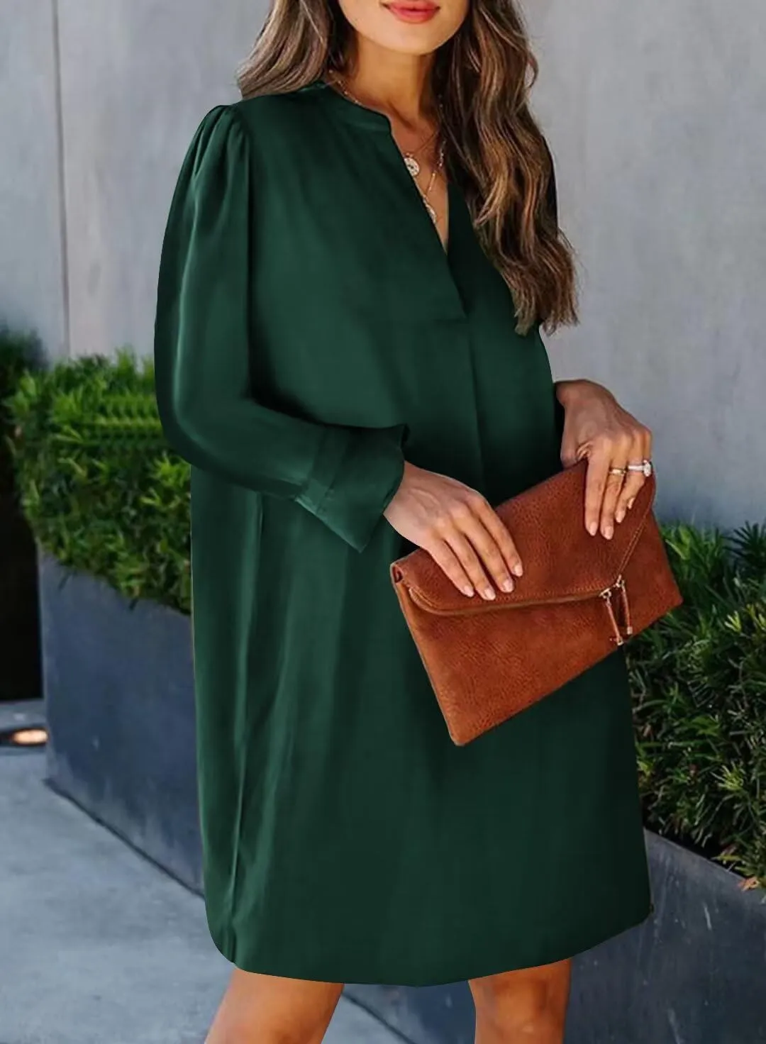 Wkior Long Sleeve Dress for Women V Neck Casual Cute Loose Flowy Swing Shift Dresses(S-2XL)