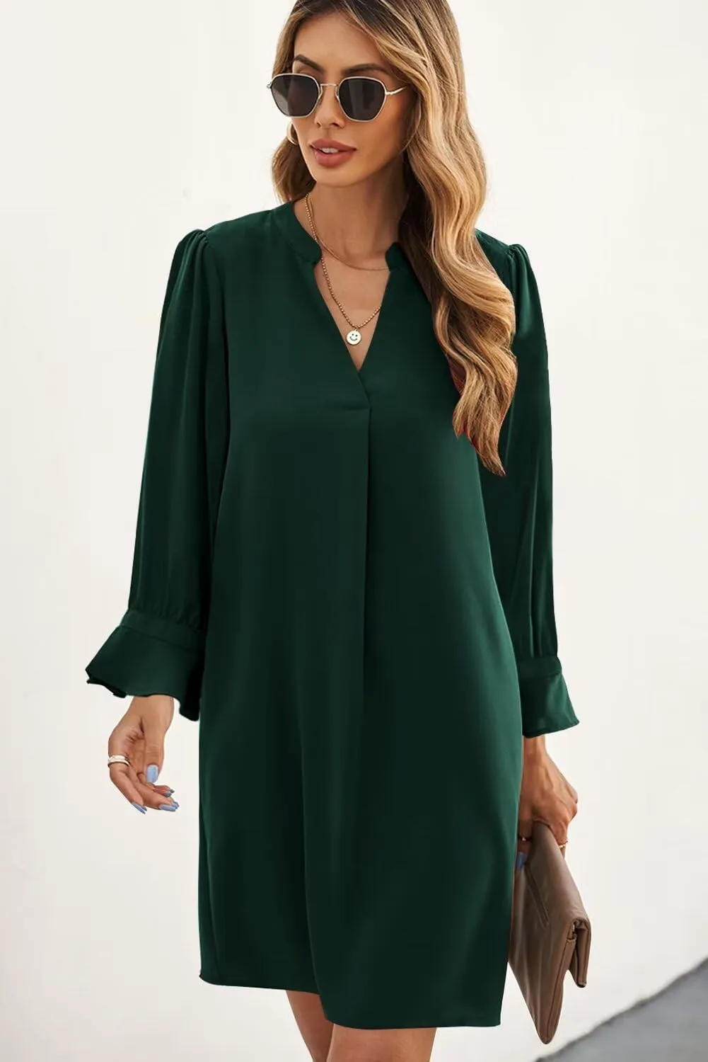 Wkior Long Sleeve Dress for Women V Neck Casual Cute Loose Flowy Swing Shift Dresses(S-2XL)