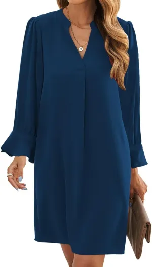Wkior Long Sleeve Dress for Women V Neck Casual Cute Loose Flowy Swing Shift Dresses(S-2XL)
