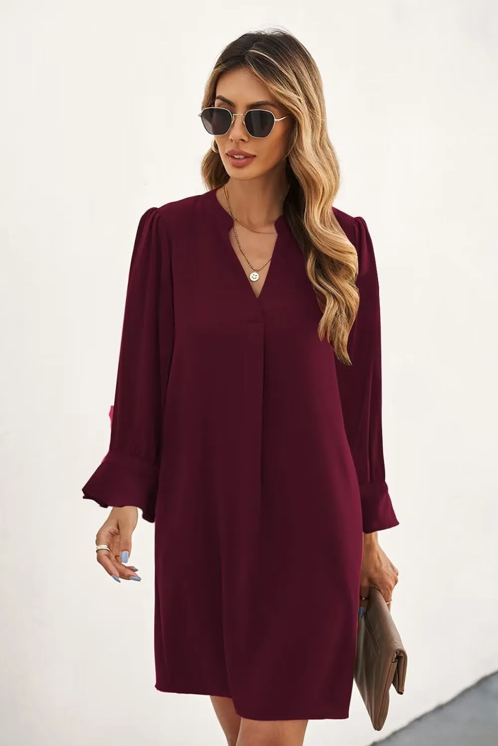 Wkior Long Sleeve Dress for Women V Neck Casual Cute Loose Flowy Swing Shift Dresses(S-2XL)