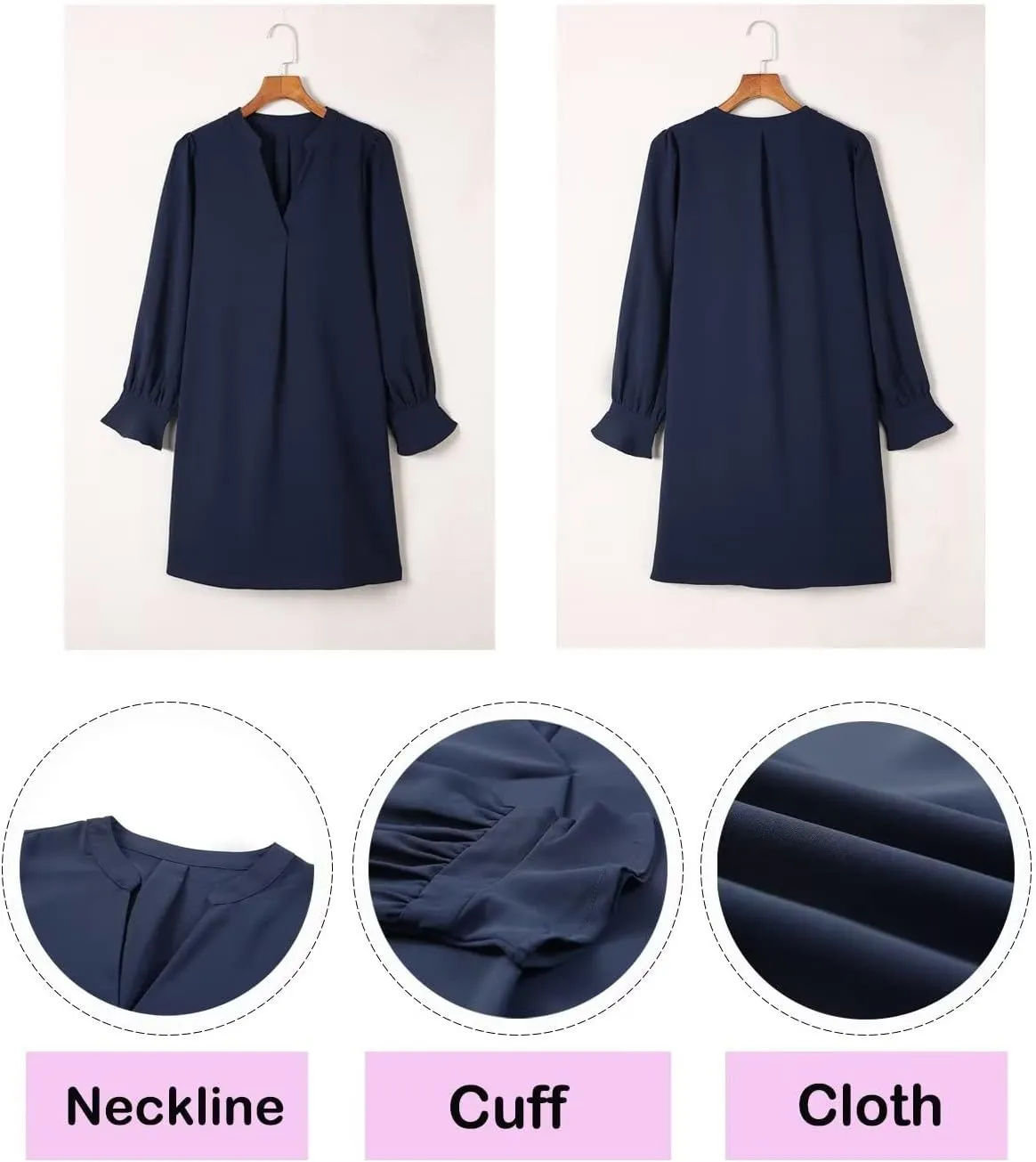 Wkior Long Sleeve Dress for Women V Neck Casual Cute Loose Flowy Swing Shift Dresses(S-2XL)