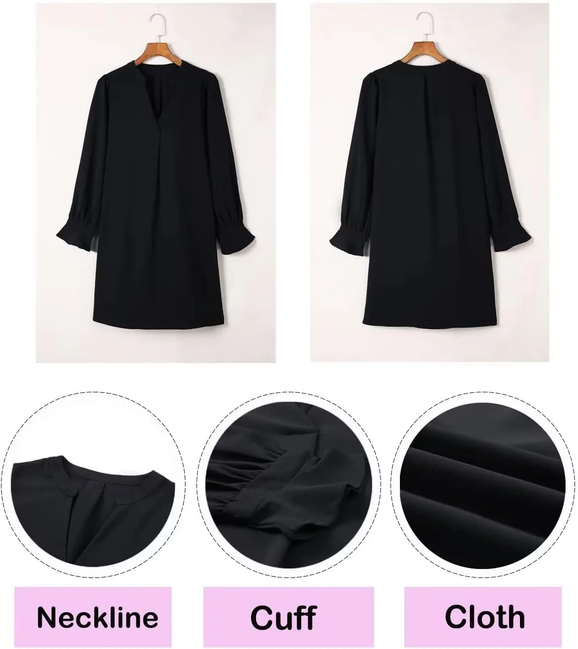 Wkior Long Sleeve Dress for Women V Neck Casual Cute Loose Flowy Swing Shift Dresses(S-2XL)