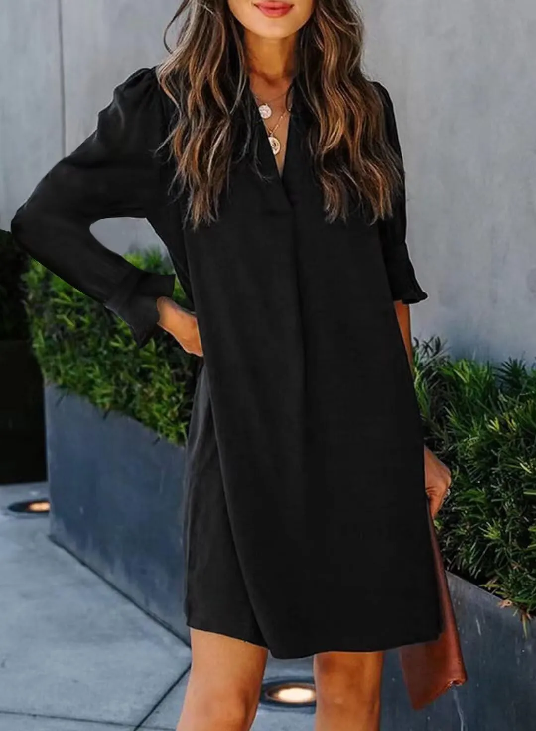 Wkior Long Sleeve Dress for Women V Neck Casual Cute Loose Flowy Swing Shift Dresses(S-2XL)