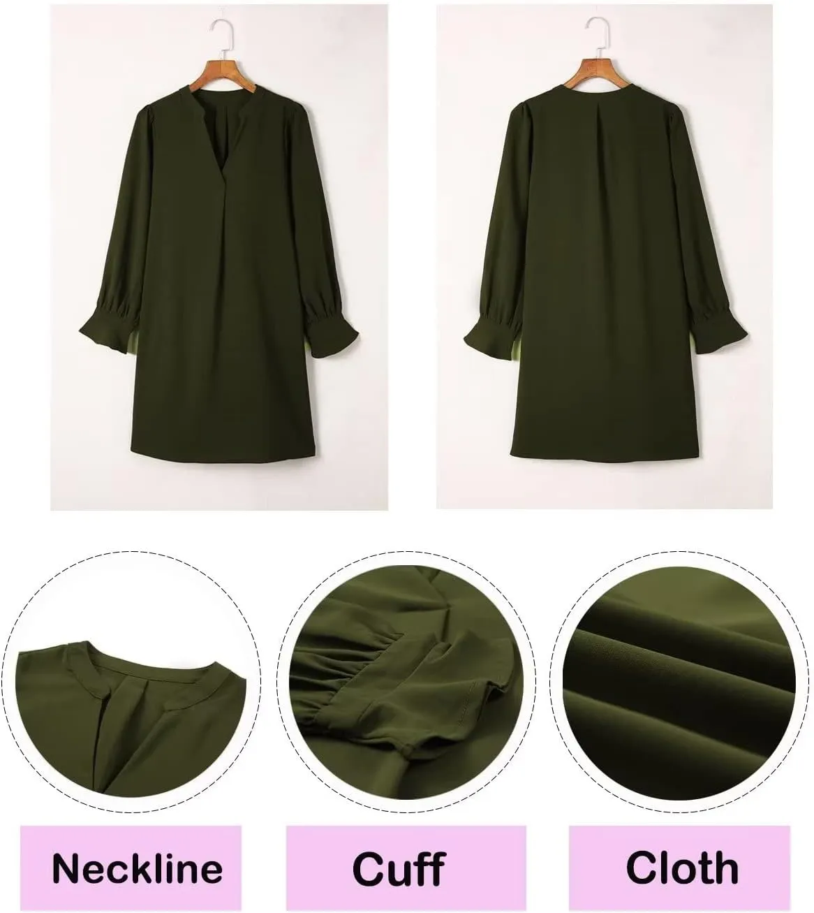 Wkior Long Sleeve Dress for Women V Neck Casual Cute Loose Flowy Swing Shift Dresses(S-2XL)
