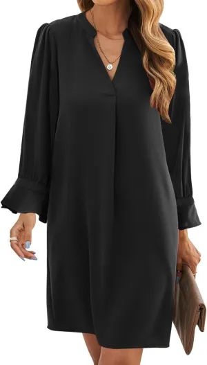Wkior Long Sleeve Dress for Women V Neck Casual Cute Loose Flowy Swing Shift Dresses(S-2XL)