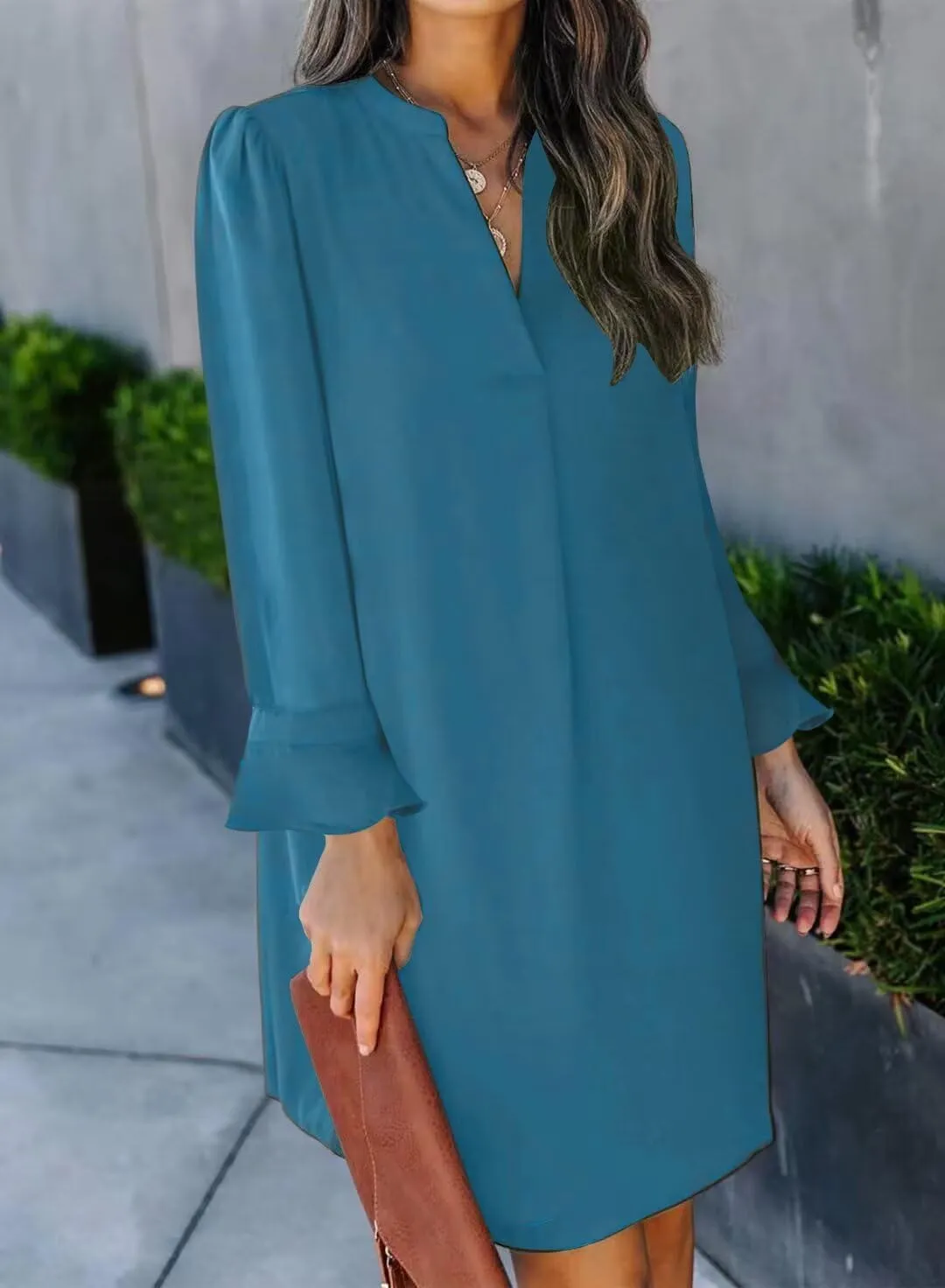 Wkior Long Sleeve Dress for Women V Neck Casual Cute Loose Flowy Swing Shift Dresses(S-2XL)
