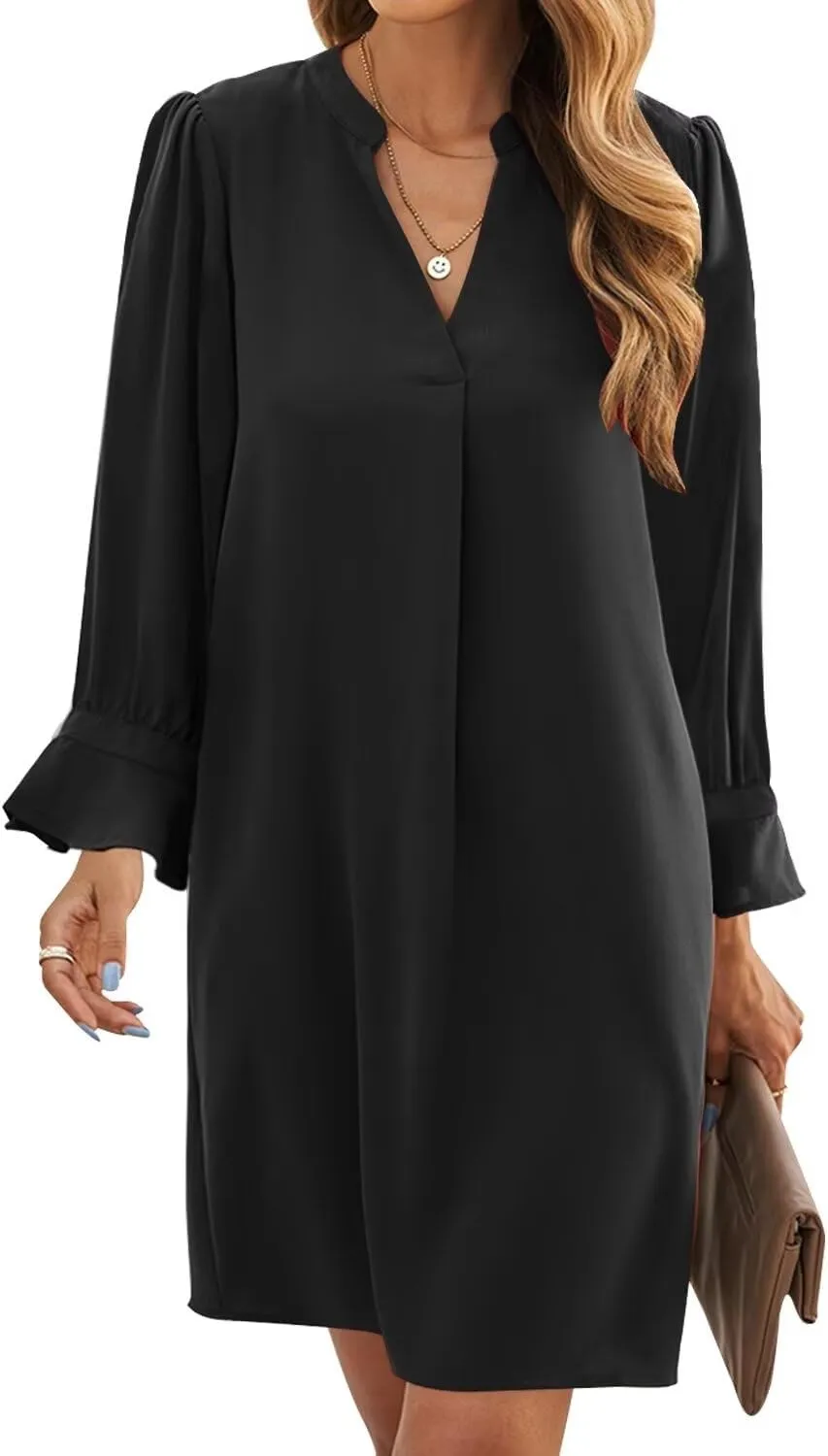 Wkior Long Sleeve Dress for Women V Neck Casual Cute Loose Flowy Swing Shift Dresses(S-2XL)