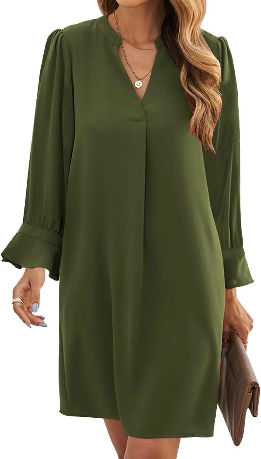 Wkior Long Sleeve Dress for Women V Neck Casual Cute Loose Flowy Swing Shift Dresses(S-2XL)