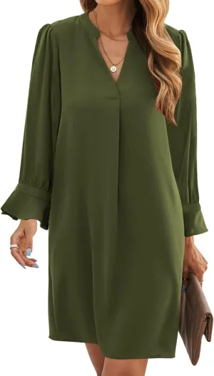 Wkior Long Sleeve Dress for Women V Neck Casual Cute Loose Flowy Swing Shift Dresses(S-2XL)