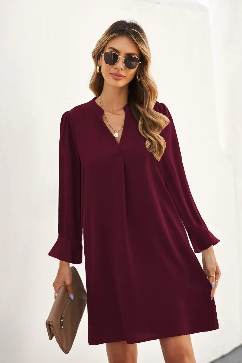 Wkior Long Sleeve Dress for Women V Neck Casual Cute Loose Flowy Swing Shift Dresses(S-2XL)