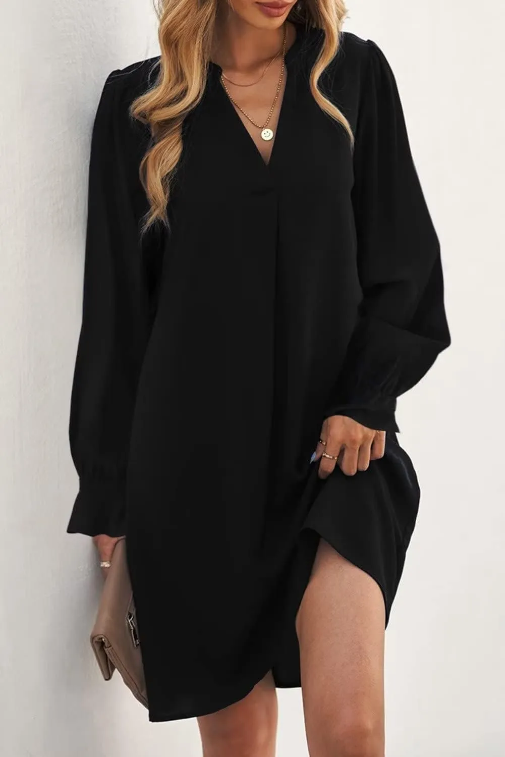 Wkior Long Sleeve Dress for Women V Neck Casual Cute Loose Flowy Swing Shift Dresses(S-2XL)