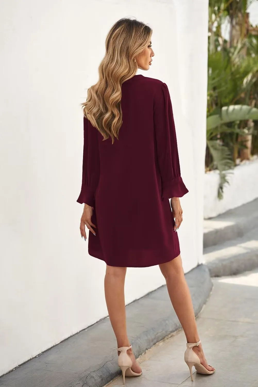 Wkior Long Sleeve Dress for Women V Neck Casual Cute Loose Flowy Swing Shift Dresses(S-2XL)