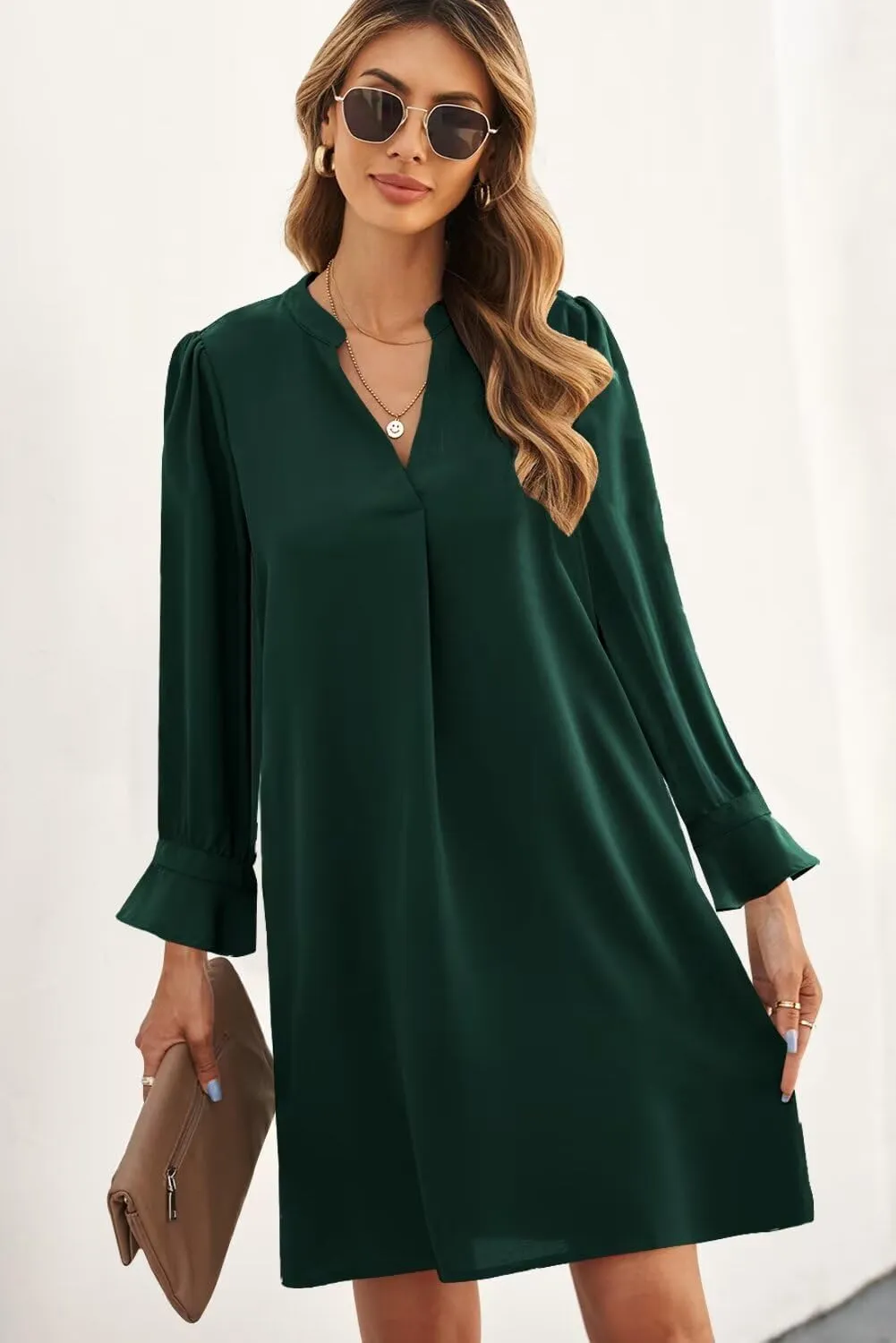 Wkior Long Sleeve Dress for Women V Neck Casual Cute Loose Flowy Swing Shift Dresses(S-2XL)