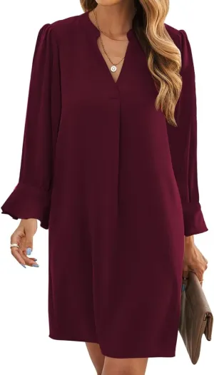 Wkior Long Sleeve Dress for Women V Neck Casual Cute Loose Flowy Swing Shift Dresses(S-2XL)